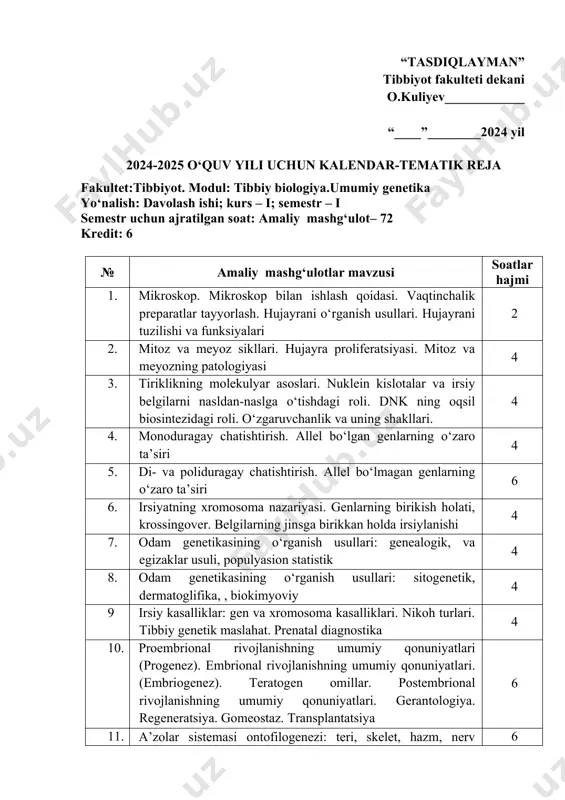 ngover. belgilarning jinsga birikkan holda irsiylanishi 4 7. odam genetikasining o‘rganish usullari: genealogik, va egizaklar usuli, populyasion statistik 4 8. odam genetikasining o‘rganish usullari: sitogenetik, dermatoglifika, , biokimyoviy 4 9 irsiy kasalliklar: gen va xromosoma kasalliklari. nikoh turlari. tibbiy genetik maslahat. prenatal diagnostika 4 10. proembrional rivojlanishning umumiy qonuniyatlari (progenez). embrional rivojlanishning umumiy qonuniyatlari. (embriogenez). teratogen omillar. postembrional rivojlanishning umumiy qonuniyatlari. gerantologiya. regeneratsiya. gomeostaz. transplantatsiya 6 11. a’zolar sistemasi ontofilogenezi: teri, skelet, hazm, nerv sistemasi, qon aylanish, endokrin tizimi, ayiruv sistemasi. ekologiya. odam - ekologik omil. biosfera va uning muammolari 6 12. xivchinlilar – odam parazitlari: tripanasoma, leyshmaniya, trixomonada va lyambliya. sporalilar –odam parazitlari. bezgak parazitlari, toksoplazma. ichak parazitlari: ichburug‘ amyobasi, ichak balantidiyasi 6 13. so‘rg‘ichlilar – odam parazitlari. jigar qurti, lansetsimon so‘rg‘ich, mushuk, o‘pka, qon so‘rg‘ichlilari. tasmasimon chuvalchanglar odam parazitlari: cho‘chqa, qoramol soliteri, pakana gijja, serbar lentasimon chuvalchang, exinokokk 6 14. yumaloq chuvalchanglar: askarida, ostritsa, filyariya, trixinella, egri (qiyshiq) …