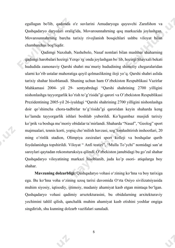 i joylashuvi va arxitekturasining o’ziga xos jihatlarini o’rganish; bitiruv malkaviy ishining ilmiy yangiligi: bitiruv malakaviy ishining ilmiy yangiligi shundan iboratki: qarshi shahridagi jamiki tarixiy obidalarni tarixini kim tomonidan barpo etilganligi, qanday usulda qurilganligi kabi ma’lumotlarni o’zida mujassam etgan. qarshi shahri ma’naviy-tarixiy arxitektura yodgorliklari xaritasi tuzilgan. bitiruv malakaviy ishining obyekti: qarshi shahri va undagi ma’naviy- tarixiy arxitektura yodgorliklari, uning hudud bo’ylab joylashuvi; bitiruv malakaviy ishining predmeti. qarshi shahridagi ma’naviy-tarixiy arxitektura yodgorliklari, ularning qurilish tarixi, ular arxitekturasining o’ziga xos jihatlari; tadqiqotga qo’llanilgan metodlar va uning metadologik asosi. adabiyotlar bilan ishlash, tarixiy manbalarni o’rganish, so’rov-suhbatlar, mavzu bo’yicha me’yoriy hujjatlar, standartlar va shaharsozlik normalari va qoidalari, tadqiqotning metadologik asoslari bo’lib xizmat qiladi. tadqiqotning uslubiy yangiligi va amaliy ahamyati. kasb-hunar kollejlari uchun qurilish chizmachiligi o’qitilishining, zamonaviy pedagogic texnologiyalari qo’llangan taklif qilinishi. tadqiqotning amaliy ahamiyati sifatida qarshi shahri manaviy-tarixiy yodgorliklarining shahar hududi bo’ylab joylashuv xaritasi tuzilganligini ko’rsatib o’tish; bitiruv malakaviy ishining hajmi: ushbu bitiruv malakaviy ishi …