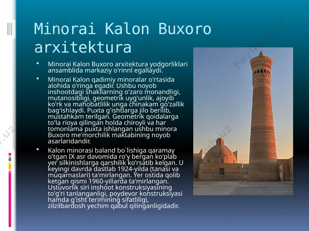 dagi noibi sadr burhoniddin abdulaziz ii tomonidan bunyod etilgan. sadr burhoniddin abdulaziz ii qoraxoniylar davridagi amaldorlardan biri. tug‘ilgan yili ma’lum emas. 1199-yil g‘ijduvonda vafot etgan. xii asrda qoraxoniy hukmdorlari ham islom dinini qabul qilgan bo‘lib, diniy yer-mulklarga ham e’tibor somoniylar davridagi darajaga ko‘tarilgan. burhoniddin abdulaziz xii asrning so‘nggi choragida buxoroda sadr – vaqf yerlarining boshqaruvchisi lavozimiga tayinlangan. u abduxoliq g‘ijduvoniyning muridlaridan biri bo‘lgan va vobkent minorasi ham g‘ijduvoniy tashabbusi va mablag‘i evaziga qurilgan. chor minor chor minor (fors. — to`rt minora) — buxorodagi me`moriy yodgorlik (1807). xalfa niyozqul qurdirgan. ch.m. an`anaviy usulda qurilgan masjid, bir qavatli madrasa, atrofi bir kavatli xujralar bilan o`ralgan hovlidan iborat. sinchli peshayvon tipidagi masjid hovlining jan.g`arbiy burchagida joylashgan. madrasaga 2 qavatli, gumbaz tomli darvozaxona orqali kiriladi. murabba tarxli darvozaxona o`ziga xos mujassamot yechimiga ega: oldi peshtokli, to`rt burchagida to`rtta minora joylashgan (nomi ham shundan), minoralarning tepa qismi gumbaz shaklida yakunlangan bo`lib, ular sirkori koshinlar bilan …