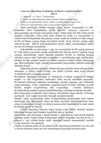 shaxsning rivojlanish tarbiyasi va ijtimoiylashuvi — DOCX