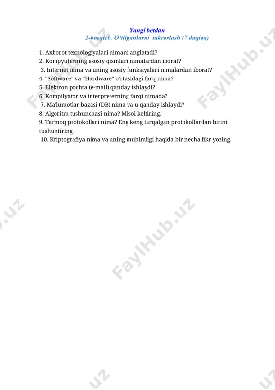 bilish yaxshi oʻqitishning ikkita asosiy shartidir.“ darslar quyidagi tarzda boshlanishi mumkin: 2. a) ikki yoki uchta qiziqarli, ammo tegishli savollar b)rasm/lar, diagramma yoki modelni koʻrsatish c) vaziyat maqsad bayoni: darsning diqqat markazini aniq, ixcham bayonotda eʼlon qilish, masalan, „bugun biz oʻrganamiz. . .“ 3. taqdimot va ishlab chiqish: haqiqiy dars shu yerda boshlanadi. bu bosqich talabalarning yaxshi faolligini oʻz ichiga olishi kerak. oʻqituvchi turli xil vositalardan, masalan, savollar, rasmlar, tushuntirishlar, koʻrgazmalar, koʻrgazmali va sensorli vositalardan foydalanadi. axborot va bilim berilishi, tushuntirilishi, oshkor etilishi yoki taklif qilinishi mumkin. quyidagi tamoyillarni yodda tutish kerak. 4. a) tanlash va boʻlinish printsipi: ushbu mavzu turli boʻlimlarga boʻlinishi kerak. oʻqituvchi, shuningdek, oʻzi qancha aytishi va oʻquvchilarning oʻzlari bilishi kerakligi haqida qaror qabul qilishi kerak. 5. b) ketma-ket va ketma-ketlik usullari: oʻqituvchi oldingi va keyingi bilimlarning oʻquvchilarga tushunarli boʻlishini taʼminlashi kerak. 6. c)gʻoliblik va integratsiya usullari: oxir oqibat, qismlarni ajratish butunlikni tushunishga yordam berish uchun ularning …