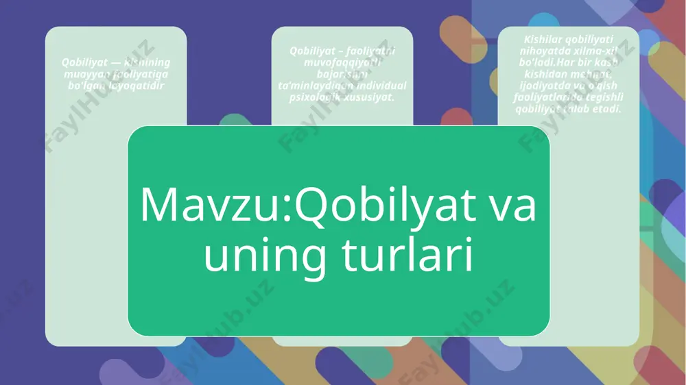 idrok qilish, xotirada saqlash,oddiy muloqotga kirisha olish shular jumlasidandir. amaliy qobiliyat- praktik aqlning yuksak darajada rivojlanganligini, fahm-farosatning kuchliligi, iroda va yetuk kirishuvchanlikni o’z ichiga oladi. umumiy boshlang‘ich qobiliyatlar – bu qobiliyatlar turli darajadagi ifodalanishda bo‘lsada, barcha odamlarga xos. ularga psixik aks ettirishning asosiy shakllari: sezish, idrok qilish, esda olib qolish, qayg‘urish, fikrlash, xayol surish, qaror qabul qilish va amalga oshirish kiradi. bu qobiliyatlarning boshlang‘ich ifodalari mos bo‘lgan sensor, mnemik, tafakkur, irodaviy samaralar bilan bajariladigan psixik harakat. mashqlar natijasida u muvofiq ko‘nikmaga aylanishi mumkin. musiqa qobiliyatlari b.m. teplov tomonidan tadqiq etilgan. musiqiy qobiliyatlar tarkibida u quyidagi asosiy tarkibiy qismlarni ajratadi: musiqiy eshitish qobiliyati, marom hissi va musiqiy xotira shular jumlasidandir. shuningdek, teplov aynan misiqiy faoliyat bilan shug‘ullanishda talab etiladigan, musiqiylik deb atalgan, individual-psixologik xususiyatlarning majmuini ajratib ko‘rsatdi. uning belgisi o‘rnida b.m. teplov ayrim mazmunning ifodasi sifatidagi musiqiy kechinmani hisoblaydi. bundan tashqari, musiqaga nisbatan emotsional hozirjavoblik, teplov bo‘yicha,- bu musiqiylikning asosi. maxsus …