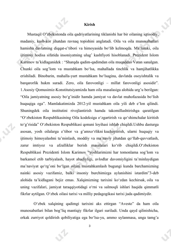 rqali singdirib borilgan deb, ta’kidlaydi tadqiqotchi to‘rabek jumaniyozov. bu misollardan ko‘rinib turibdiki, eramizgacha bo‘lgan uzoq o‘tmishda ham biologik-fiziologik jihatdan sog’lom erkak yoki ayol kishilar oila qurishga majbur bo‘lishgani xolda ular qavm-urug’ni toza saqlash, milliy qonni buzmaslik, nikoh tushmaydigan qarindoshlar o‘rtasida oila qurmaslik kabi axloq-odob normalariga amal qilishgan. demak, oila insonlarning tabiiy-biologik-fiziologik, moddiy-iqtisodiy, huquqiy-qonuniy, ma’naviy-axloqiy aloqa-munosabatlari asosiga qurilgan ijtimoiy birlikdan iboratdir. insonlarning tabiiy biologik –fiziologik munosabati deganda jinsiy aloqa va nasl qoldirishni moddiy-iqtisodiy munosabatda – uy-ro‘zg’orni boshqarish, mulkiy munosabatni, huquqiy –qonuniy munosabat- nikohning qonuniyligini, ma’naviy-axloqiy munosabatda esa er-xotin inoqligi, pokligi, ota-ona bilan farzandlar o‘rtasidagi mehr-oqibat, hurmat, burch va shu kabilarni tushunish lozim. hozirgi kunda yuqorida zikr etilgan oila va uning bilan bevosita bog`liq masalalar qonun yo‘li bilan muhofaza qilingan va kafolatlangan. chunki u jamiyatning ajralmas bir bo‘lagidir. bundan jamiyat oila dialektik birlikni tashkil qiladi degan mantiqiy xulosa kelib chiqadi. i.bob. sog’lom avlod mustahkam jamiyat asosi 1.1.sag’lom avlod yurt tayanchi tarixga nazal …