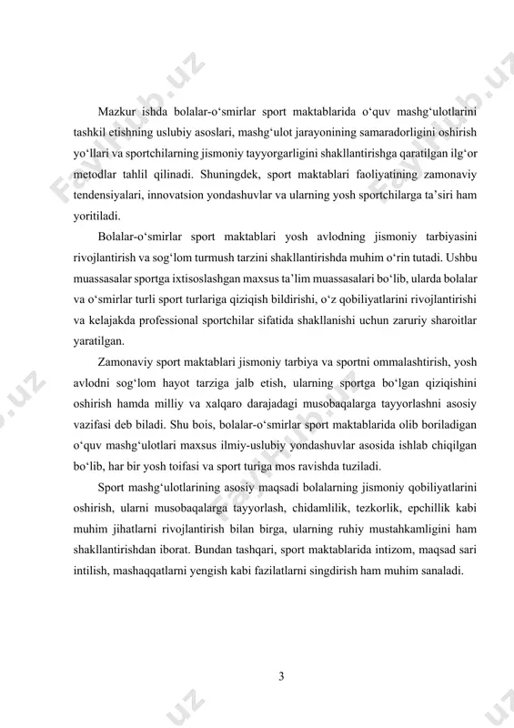 rish, mavjud muammolarga yechim topish hamda mavzu doirasida amaliy tavsiyalar ishlab chiqishdan iborat. shuningdek, sport maktablarida amalga oshirilayotgan mashg‘ulot dasturlari, murabbiylik metodikasi, zamonaviy texnologiyalar va innovatsion yondashuvlarning sportchilarning natijalariga ta’siri tahlil qilinadi. mazkur tadqiqot orqali bolalar-o‘smirlar sport maktablarining ta’lim tizimiga qo‘shayotgan hissasi, ularning sport sohasi rivojiga ta’siri va sportni ommalashtirishdagi o‘rni ham yoritiladi. kurs ishining vazifalari: 1.bolalar-o‘smirlar sport maktablarining mohiyatini o‘rganish – sport maktablarining vazifalari, tuzilishi va jismoniy tarbiya tizimidagi o‘rnini aniqlash. 2.jismoniy tarbiya va sport mashg‘ulotlarini tashkil etish tamoyillarini tahlil qilish – sport mashg‘ulotlarining yosh xususiyatlariga mosligini o‘rganish. 3.murabbiylar faoliyatining ahamiyatini yoritish – sport maktablarida murabbiylarning roli, ularning metodikasi va ta’sirini o‘rganish. 4.bolalar va o‘smirlarning jismoniy rivojlanishiga sportning ta’sirini tahlil qilish – sport mashg‘ulotlarining sog‘liq va jismoniy faollik bilan bog‘liq jihatlarini aniqlash. 5.sport maktablarida duch kelinadigan muammolarni aniqlash va ularga yechim taklif qilish – sport infratuzilmasi, jihozlar, murabbiylarning malakasi va boshqa muammolarni ko‘rib chiqish. 6.ilmiy-nazariy va amaliy tavsiyalar ishlab …