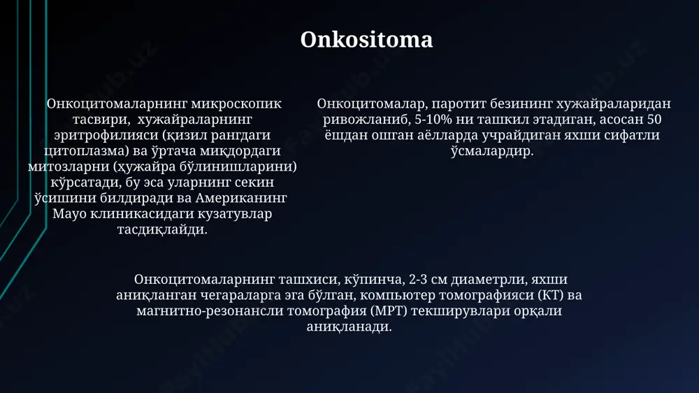 illik omon qolish darajasi 70% dan past bo'lishi mumkin, ayniqsa, mintaqaviy metastazlar mavjud bo'lganda. kuzatuv davrida, toshkentdagi onkologiya markazlarida, ct yoki mri kabi tasvirlash usullaridan foydalanib, 3-6 oyda bir marta tekshiruvlar o'tkazish tavsiya etiladi. bu esa kasallikning qaytalanishini erta aniqlash imkonini beradi. sebaseus karsinoma sebaseous karsinoma, teri bezlarining kam uchraydigan malign oʻsmasi boʻlib, taxminan 100 dan kam holat dunyo boʻylab hujjatlashtirilgan va koʻpincha yuz va bosh terisida, shu jumladan parotid mintaqasida uchraydi. sebaseous karsinomaning davolash usullari jarrohlik rezeksiyasi, radiatsiya terapiyasi va ba'zi hollarda kimyoterapiyani o'z ichiga oladi; ammo, kasallikning tarqalishi prognozni murakkablashtiradi va muvaffaqiyat darajasi mintaqadan mintaqaga farq qilishi mumkin. ushbu oʻsmaning gistopatologik xususiyatlari sebaseous differentsiatsiyani koʻrsatadi va yuqori darajadagi malignitet bilan ajralib turadi, 5 yillik omon qolish darajasi 50% dan kam. warthin o'smasi vartin o'smasi benign xarakterga ega bo'lsa-da, ba'zi hollarda 2-3 sm dan katta o'lchamlarga yetishi mumkin va jarrohlik yo'li bilan olib tashlanishi talab etiladi. vartin o'smasining gistopatologik …