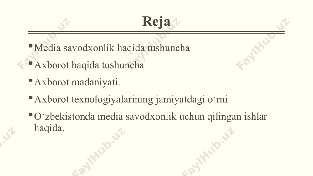 ommaviy axborot vositalari yoshlar hayotidagi katta taʼsirga ega kuchdir. musiqa, televizor, video oʻyinlar, jurnallar va boshqa ommaviy axborot vositalari dunyoni qanday koʻrishimizga kuchli taʼsir koʻrsatadi, bu taʼsir koʻpincha bolalik davridan boshlanadi. ommaviy axborot vositalarini isteʼmolchilar tanqidiy tahlil qila olishlari uchun ularda media savodxonlik koʻnikmalari va odatlarini bolalikdan rivojlantirish kerak boʻladi. bu koʻnikmalarga ommaviy axborot vositalariga bazaviy darajada kirish, uni muayyan tushunchalar asosida tanqidiy tahlil qilish, shu tahlil asosida baholash va nihoyat, ommaviy axborot vositalarini oʻzi ishlab chiqarish kiradi. media savodxonligi koʻnikmalarini oʻrganishning ushbu jarayoni media taʼlim deb ataladi. media savodxonlik media media - ommaviy axborot vositalari aloqa jarayonlarining jismoniy tashuvchisidir media – raqamli yoki analogli tashuvchida yozilgan va ommaviy tarqatish uchun mavjud audiovizual content media– vositachi, muloqotchi axborot savodxonligi axborot savodxonligi – axborotni tanlash, baholash, qayta ishlash va uzatish borasidagi ko‘nikmalar va malakalar majmuini bildiradi. axborot savodxonligi axborotga egalik, uni baholash va axloqiy qoidalarga rioya qilgan holda foydalanishning muhimligini e’tirof …