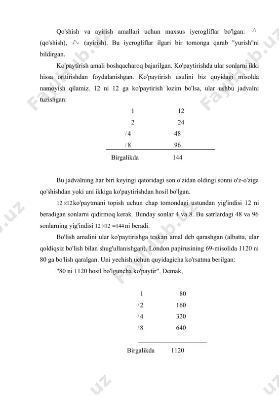 do bo'lgan. borib-borib ko'rinishdagi kasrlar ham qarala boshlagan. bu kasrlar uchun shape \* mergeformat (og'iz) iyeroglifi ishlatilgan. uning ostiga maxrajni ko'rsatuvchi son yozilgan. masalan, ni ular ko'rinishda tasvirlashgan. misrda kasr sonlarning keyingi rivojlanishiga kalendar yordam bergan. ular bir yilni hammasi ham 30 kundan bo'lgan 12 oyga bo'lgan. 12 oy tugashi bilan yilga 5 ta qo'shimcha sutkani qo'shib qo'yishgan. misrliklar oyning kunlarini oyning qismi sifatida qarashgan. masalan, 1 kun = oy , 3 kun oy, 24 kun oy va hokazo. misrliklar ko'rinishdagi kasrlarga va ko'rinishdagi kasrga ega bo'lsa ham, har bir butun sonni qismlarga ajratishni bilishgan. masalan, 28 ni 5 ga bo'lish uchun yuqorida ko'rsatilgani kabi javdali tuzgan: 1 5 2 10 4 20 –––––––––––––––––––– birgalikda 25 28 ga teng emas, ya'ni unga teng bo'lish uchun 3 yetishmaydi. shu-ning uchun misrliklar o'ng ustundagi sonni ikki hissalamasdan, 5 ning va sini topishga kirishadi: embed equation.3 1 embed equation.3 2 endi chap ustundagi …