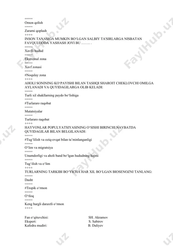 arli darajada oshmaydi ++++ ekotizimdagi tirik organizmlarning tana vazni qanday deyiladi? ==== biomahsulotlar ==== bioenergetika ==== #biomassa ==== bioavailability ++++ ozon qatlami qaysi balandlikda joylashgan: ==== #dengiz sathidan 20 ... 30 km balandlikda ==== dengiz sathidan 10 ... 15 km balandlikda ==== dengiz sathidan 25 ... 50 km balandlikda ==== alohida ozon qatlami mavjud emas ++++ ozon qatlamining (ekranning) asosiy roli: ==== #ultrabinafsha nurlanishidan himoya qilishda ==== sayyoramiz iqlimini saqlashda ==== issiqxona effektini yaratishda ==== barcha javoblar to`g`ri ++++ resurs aylanishi nima? ==== #ma'lum bir moddaning odam tomonidan ishlatilishining barcha bosqichlarida yuz beradigan transformatsiyalari va fazoviy harakatlari to‘plami ==== transformatsiyalar va yoqilg‘i-energetika resurslarining fazoviy harakati to‘plami ==== ma'lum har xil moddalarning odam tomonidan ishlatilishining barcha bosqichlarida yuz beradigan transformatsiyalari va fazoviy harakatlari to‘plami ==== to`g`ri javob yo`q ++++ karbonat angidrid (co2) ning asosiy antropogen manbalari: ==== #qazib olinadigan yoqilg‘ining yonishi va o‘rmonlarni yo‘q qilish ==== guruch plantatsiyalari va o‘g‘itlar ishlab …