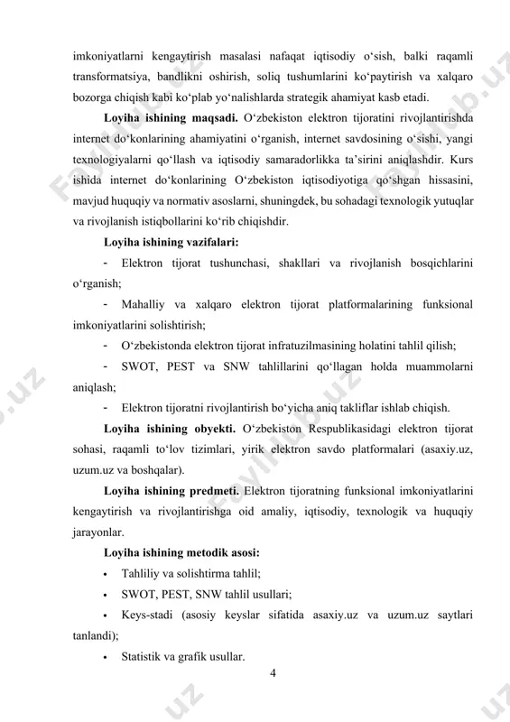 ‘lmoqda. uning samaradorligi, qulayligi, tezkorligi va xarajatlarni kamaytirish imkoniyati bu sohani biznes yuritishda muqobil bozor vositasiga aylantirdi. an’anaviy tijoratdan farqli o‘laroq, elektron tijorat har qanday vaqtda, istalgan joyda amalga oshirilishi bilan ajralib turadi. shuningdek, foydalanuvchilar onlayn do‘konlar, veb-ilovalar yoki mobil platformalar orqali mahsulotlarni ko‘rib chiqib, tanlab, to‘lovni amalga oshirishlari va uydan chiqmagan holda mahsulotga ega bo‘lishlari mumkin. elektron tijoratning turlari turlicha bo‘lib, ular biznes subyektlari va iste’molchilar o‘rtasidagi o‘zaro aloqalarga asoslanadi. eng keng tarqalgan shakllaridan biri bu b2b (business-to-business) — ya’ni korxonalar o‘rtasidagi tijoratdir. bu modelda bir korxona boshqa korxonaga mahsulot yoki xizmatlarni taklif etadi. masalan, katta ishlab chiqaruvchi zavodlar o‘z mahsulotlarini ulgurji yetkazib beruvchilarga internet orqali sotishi mumkin. b2b modeli odatda katta hajmli xaridlar, uzoq muddatli shartnomalar, individual narxlash tizimlari va o‘ziga xos mijozlarga xizmat ko‘rsatish strategiyalarini o‘z ichiga oladi. bu turdagi savdo munosabatlari ko‘proq kompaniyalar orasidagi ishonch, barqarorlik va texnikaviy muvofiqlikni talab qiladi. keyingi mashhur shakl bu b2c …