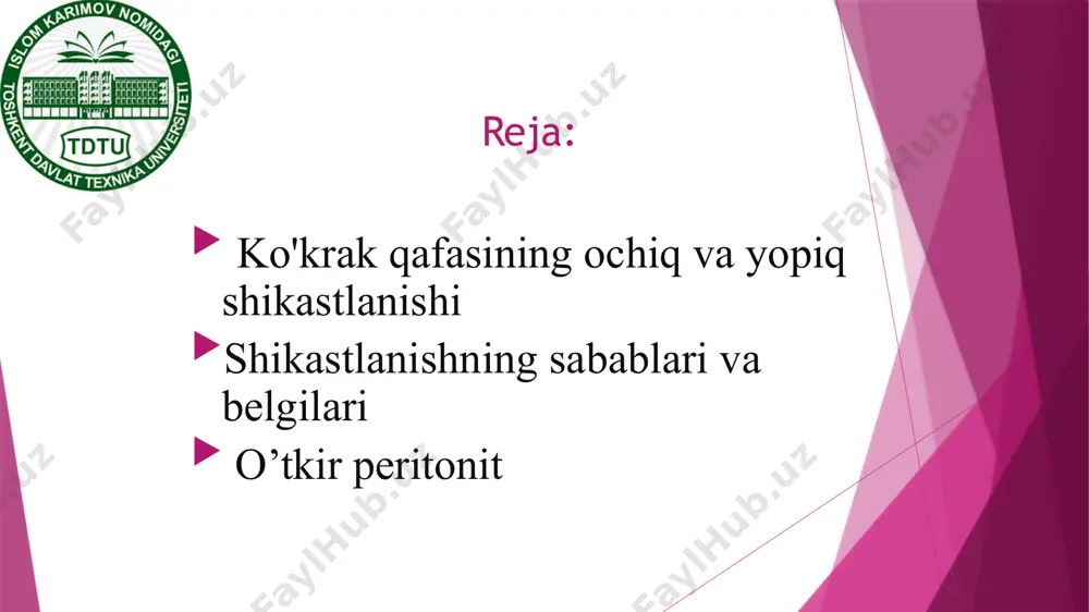 t yeyish, cho’zilishi, uzilishi, chayqalishi, qisilishi, suyaklarning chiqishi va suyaklarnning yopiq sinishi kiradi. lat yeyish. a'zo va to'qimalarning bevosita biror to’mtoq narsa bilan urilishi natijasida teri butunligining buzilmay zararlanishi lat yeyish deyiladi. odamga zarb tekkanda yoki biror qattiq narsa ustiga yiqilib tushganda badani lat yeydi. klinikasi. lat yeganda shish, qon quyilishi, og'riq va organ funksiyasining buzilishi qayd qilinadi. avvaliga og'riq va yumshoq to’qimalarning zararlanishi yuzaga keladi. lat yegan joy biroz shishadi qizaradi va ko'karib qoladi. shish va qon talashlar ko'pi bilan 2-3 kunda shikastdan keyin paydo bo'ladi. harakat qilganda, lat yegan sohada og'riq kuchayadi, tinch turganda kamayadi. qon talashning rangiga qarab qachon paydo bo'lganini aniqlash mumkin: birinchi kunlari gematoma sohasi qizil bo'ladi so'rilish boshlangandan so'ng yashil va sarg'ish rangga kiradi, teri ostiga quyilgan qon rangi vaqt o’tishi bilan o'zgaradi va so'rila boshlaydi. og’ir lat yeyishdan so'ng harorat ko'tarilishi va umumiy holatning buzilishi qayd qilinadi. lal yeganda birinchi tibbiy yordam ko’rsatish. …