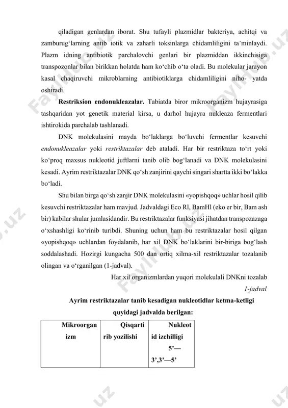 iho- yatda oshiradi. restriksion endonukleazalar. tabiatda biror mikroorganizm hujayrasiga tashqaridan yot genetik material kirsa, u darhol hujayra nukleaza fermentlari ishtirokida parchalab tashlanadi. dnk molekulasini mayda bo‘laklarga bo‘luvchi fermentlar kesuvchi endonukleazalar yoki restriktazalar deb ataladi. har bir restriktaza to‘rt yoki ko‘proq maxsus nukleotid juftlarni tanib olib bog‘lanadi va dnk molekulasini kesadi. ayrim restriktazalar dnk qo‘sh zanjirini qaychi singari shartta ikki bo‘lakka bo‘ladi. shu bilan birga qo‘sh zanjir dnk molekulasini «yopishqoq» uchlar hosil qilib kesuvchi restriktazalar ham mavjud. jadvaldagi eco rl, bamhl (eko er bir, bam ash bir) kabilar shular jumlasidandir. bu restriktazalar funksiyasi jihatdan transpozazaga o‘xshashligi ko‘rinib turibdi. shuning uchun ham bu restriktazalar hosil qilgan «yopishqoq» uchlardan foydalanib, har xil dnk bo‘laklarini bir-biriga bog‘lash soddalashadi. hozirgi kungacha 500 dan ortiq xilma-xil restriktazalar tozalanib olingan va o‘rganilgan (1-jadval). har xil organizmlardan yuqori molekulali dnkni tozalab 1-jadval ayrim restriktazalar tanib kesadigan nukleotidlar ketma-ketligi quyidagi jadvalda berilgan: mikroorganizm qisqartirib yozilishi nukleotid izchilligi 5’— 3’,3’—5’ …