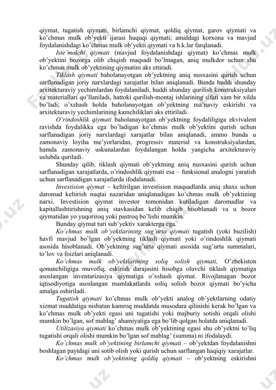 g narxi bozor qiymatidan sezilarli darajada farq qilishi mumkin. bitimgm tuzatish kiritish deb nomlanuvchi, bu tafovut bir qator sabablarga bog’liq (masalan, analoglar soni, bozor muvozanati va h.k.). qiymat – bu mulkning pul ekvivalenti. ko’chmas mulk ob’yektining bozor qiymati – bu raqobatchilik sharoitida, ochiq bozorda ob’yekt sotilishi mumkin bo’lgan eng ehtimoli yuqori pul miqdori. bunda, nazarda tutilishicha: · bitim tomonlaridan biri ko’chmas mulk ob’yektini sotishga, ikkinchisi sotib olishga majbur emas; · tomonlar bitim predmeti haqida aniq ma’lumotlarga ega va o’z manfaatlari yo’lida harakat qiladilar; · baholash ob’yekti ochiq bozorga ommaviy oferta shaklida taqdim etilgan; · bitim narxi baholash ob’yekti uchun ma’qul mukofotni ifodalaydi va bitimni tuzishga hyech qaysi tomon majbur qilinmagan; · ko’chmas mulk ob’yekti uchun to’lov pul shaklida amalga oshiriladi. shu tariqa aniqlangan bozor qiymati savdo predmeti bo’lib hisoblanadi va u ko’tirilish ham, tushishi ham mumkin. “narx” atamasiga qaytadigan bo’lsak, shuni ta’kidlash joizki, istalgan holda biz soliqqa tortishdan oldingi narxni …
