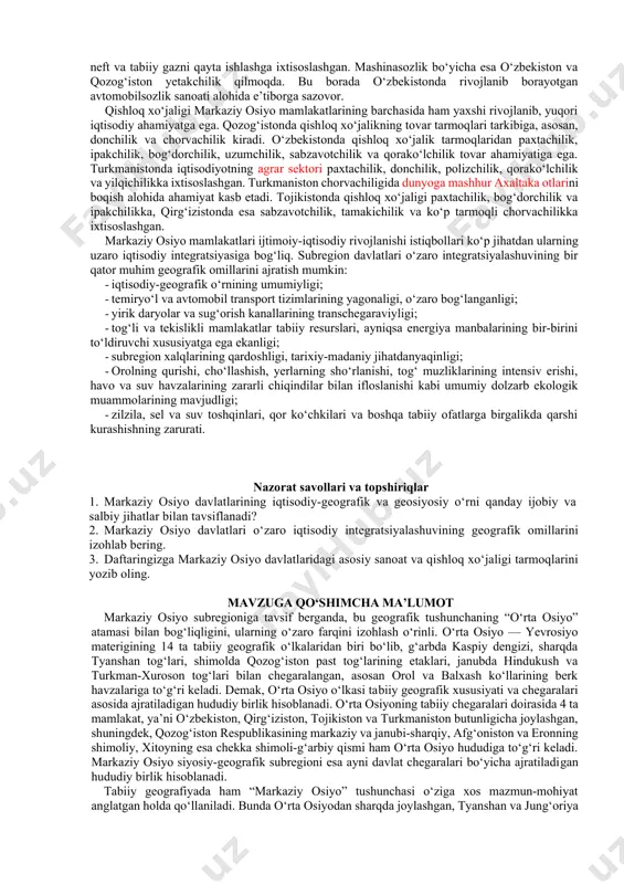 , ya’ni tojikiston, qirg‘iziston va xitoy hududidan boshlanadi. shuning uchun tojikiston bilan qirg‘iziston suv va gidroenergetika resurslariga boy, qozog‘iston, o‘zbekiston va, ayniqsa, turkmanistonning ko‘p hududlari esa ularga taqchildir. markaziy osiyo mamlakatlarining aholisi suv va yer resurslari omillari (gidrografik tarmoqlar va relyef)ga bog‘liq holda notekis joylashib, asosan, sug‘orma dehqonchilik yaxshi rivojlangan daryo vodiy va deltalari, tog‘ oralig‘idagi botiqlarda mujassamlangan. bunday yerlar eng ko‘p o‘zbekiston hududida bo‘lganligi bois, respublikamiz aholi soni jihatidan subregionda yetakchi o‘rin egallaydi. aholi zichligi ko‘rsatkichlari bo‘yicha markaziy osiyoda, 1.01.2017-yil holatiga, o‘zbekiston (71,5 kishi/km2) va tojikiston (61,3 kishi/km2) yetakchi, qozog‘iston (6,6 kishi/km2) esa eng oxirgi o‘rinda turadi. jahon mamlakatlari orasida ham, qozog‘iston aholisi eng siyrak joylashgan davlatlar safiga kiradi (o‘rtacha aholi zichligi bo‘yicha dunyoda 184-o‘rin). markaziy osiyo davlatlarining demografik vaziyatiga tug‘ilish va aholi tabiiy o‘sishining ancha yuqori ko‘rsatkichlari xos. aytilgan ko‘rsatkichlar tojikiston va qirg‘izistonda subregion bo‘yicha eng baland, qozog‘iston va turkmanistonda eng past, o‘zbekistonda esa o‘rtacha darajada. shuningdek, beshta …