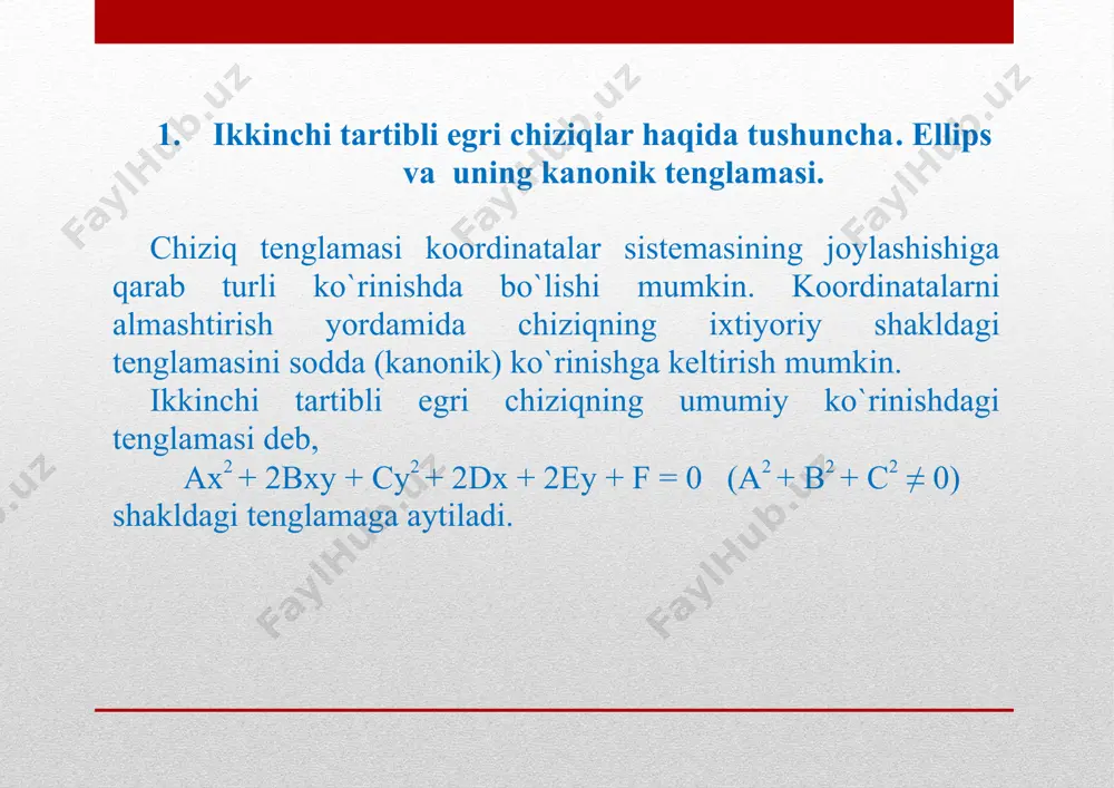 nglamasi soddalashadi va quyidagi kanonik ko`rinishga keladi 1 b y a x 2 2 2 2 + =, bu yerda b2= a2–c2( a > c ). ushbu holda ellips fokuslari: f1(-c; 0), f2(c; 0) (2-rasm ). koordinatalar boshi 0 nuqta ellipsning simmetriya markazi, koordinata o`qlari esa uning simmetriya o`qlari hisoblanadi. a1(-a; 0), a2(a; 0), b1(0;-b), b2(0; b) nuqtalarga ellipsning uchlari, 0a2= a va 0a1= b kesma uzunliklariga uning mos ravishda katta va kichik yarim o`qlari deyiladi. shunday qilib, ellips ikki simmetriya o`qlariga va simmetriya markaziga ega qavariq yopiq chiziqdir. a c e=kattalikka ellipsning ekstsentrisiteti deb ataladi va har qanday ellips uchunε a). giperbola fokuslari: f1(-c; 0) va f2(c; 0) (4-rasm). 0 nuqta giperbolaning simmetriya markazi, koordinata o`qlari esa uning simmetriya o`qlaridir. giperbola abssissa o`qini haqiqiy uchlari deb ataluvchi a1(-a;0) va a2(a; 0) nuqtalarda kesadi. 0a = a kattalik uning haqiqiy yarim o`qi deyiladi. b1(0;-b) va b2(0;b) nuqtalar giperbolaning mavhum uchlari …