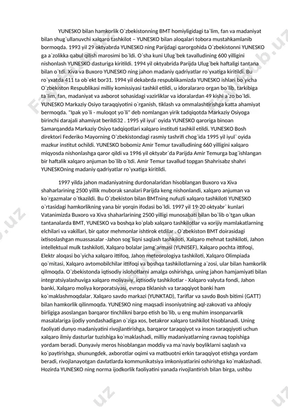 yillar boshlarida ham davom ettirildi. loyiha doirasida bir qancha ilmiy anjuman va seminarlar, “buyuk ipak yo‘li” bo‘ylab qo‘shma xalqaro ekspeditsiyalar o‘tkazildi, kinofilmlar, kitoblar yaratildi hamda ayrim me’moriy va arxeologik yodgorliklar ta’mirlandi. hozirgi kunda o`zbekiston respublikasi yunesko ning ko`yidagi muhim xalqaro hujjatlariga ko`shilgan; 1. 1954 yil 14 maydagi qurolli majoralar vaqtida madaniy boulinlarni himoya qilish to`g`risidagi gaaga konvetsiyasi; 2. 1960 yil 10 noyabrdagi ta`lim sohasidagi kamsitishga qarshi konventsiyasiga; 3. 1966 yil 14 noyabrdagi xalqaro madaniy hamqorlik printsiplari deklaratsiyasi; 4. 1970 yil 14 noyabrdagi madaniy boyliklarni qonunaviy ravishda olib kelish, olib ketish va unga egalik huquqini birovga topshirishni ta`qiqlash va ogohlantirish chora- tadbirlari to`g`risidagi konventsiya; 5. 1971 yil 2 fevraldagi asosan suvda suzuvch qushlarni yashash joyi sifatida xalqaro ahamiyatga molik suv botqan maydanlari to`g`risidagi konvetsiyasi; 6. 1972 yil 16 noyabrdagi umumjahon madaniy va tabiy merosni muqofaza qilish umumjahon konventsiyasi; 7. 1989 yil 10 noyabrdagi texnikaviy va hunar ta`limi to`g`risidagi konventsiyasiga; 8. 1995 …