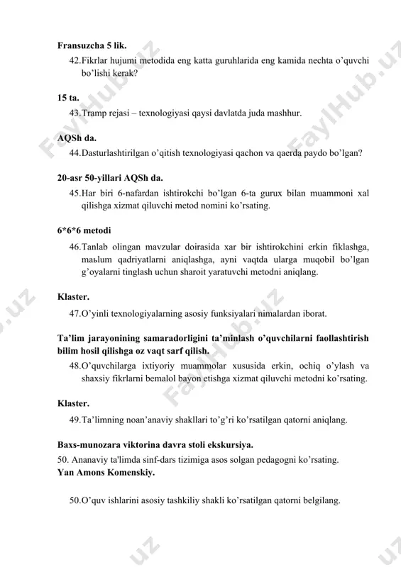 v jarayonini loyixalashda nechta bosqichdan foydalaniladi 3 ta bosqich. 70. «interaktiv» so'zining ma’nosi nima? o’zaro hamkorlik. 71. mahorat san’at haqidagi tushunchaning ilmiy ma’nosi? texnologiya 72. ta’lim tarixida ya’ni 50-60 yillarda o’zbekistonda qanday o’zgarishlar bo’ldi? 1.internet, yoki biror bir kommunikativ moslama (masalan lakal) tarmoq orqali sizga qulay bo’lgan vaqtda o’qitishga nima deb ataladi? = masofadan o’qitish - internet tarmoqlararo - lektor o’qitish - innovatsion o’qitish 2. masofadan o’qitishning tarkibiy belgilari? - o’quvchi-o’qituvchi-kommunikatsiya = o’qituvchi-kommunikatsiya-o’quvchi - kommunikatsiya- o’qituvchi-o’quvchi - o’qituvchi-o’quvchi-kommunikatsiya 3. masofadan o’qitish uslubiy materiallari? - masofadan o’qitish, lektor o’qitish, innovatsion o’qitish - mulg’timediya o’qitish, innovatsion o’qitish, testlar + darslik, audio va video darsliklar, on-layn darslar (internet saxifa), elektron kutubxona, testlar, mulg’timedia- elektron darslik va albatta axborot texnologiya vositalari - innovatsion o’qitish, lektor o’qkitish, elektron kutubxona 4. masofadan o’qitishning afzallik tomonlari? - masofadan o’qitish, mulg’timediya o’qitish - testlar, elektron kutubxona, lektor o’qitish + elektron kutubxona, innovatsion o’qitish - o’qish muddatini o’quvchi o’zi …