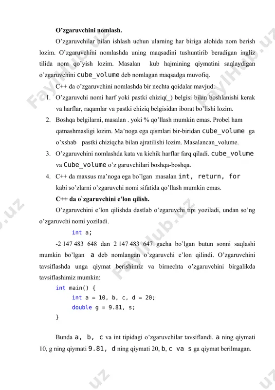 iqarish(cin, cout)bilan ishlash uchun e’lon qilinadigan kutibxona. using namespace std – standart kutibxonalardan foydalanganda har bir dasturda uni yozish lozim int a, b – a va b o’zgaruvchilarni tavsiflash cin>>a>>b cin – oz’garuvchilar qiymatlarini kiritish uchun xizmat qiladi. dastlab kiritilgan sonni a o’zgaruvchi , keying kiritilgan sonni b o’zgaruvchi o’zida saqlaydi. sonlarni probel yoki enter bilan ajratilagan holda kiritish mumkin. int c = a + b – o’zgaruvchi a va b larning qiymatlari yig’indisini o’zlashtiradi. bunda a va b larning qiymatlari o’zgarmaydi. cout int main() { int num = -27; int number = 27; float f = 123.456; char r = 'a'; char str[4] = "abc"; printf("%d\n",num); /* -27 */ printf("%u\n",number); /* 27 */ printf("%o\n",number); /* 33 */ printf("%x\n",number); /* lb */ printf("%f\n",f); /* 123.456001 */ printf("%e\n",f); /* 1.23456e+02 */ printf("%e\n",f); /* 1.23456e+02 */ printf("%c\n",r); /* a */ printf("%s\n", /* abc */ return 0; } formatli kiritish scanf. scanf funksiyasi …