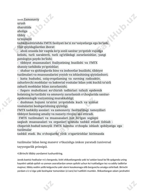lanishda, koma, shok va boshqa holatlarda darhol birinchi yordam koʻrsatish zarur. keyingi koʻrsatiladigan tibbiy yordam birinchi yordamning qanchalik toʻgʻri koʻrsatilganligiga bogʻliq. mac, suyak ochiq singanda bogʻlov va shina (taxtakach)ning tez va toʻgʻri qoʻyilishi (qarang immobilizatsiya), koʻpincha shok va boshqa ogʻir kasalliklarning oldini olishga, shikastlanib behush yotgan kishini yonboshi bilan yotqizish traxeya va bronxlarga qusuq massasi hamda qon ketib qolmasligiga yordam beradi. birinchi yordam uch xil tadbirlar majmuasini oʻz ichiga oladi: 1) tashki shikastlovchi omillar (elektr toki, bosib qolgan ogʻir narsa va boshqalar) taʼsirini darhol bartaraf etish yoki shikastlangan kishini noqulay sharoitdan xoli qilish (suvdan, oʻt tushgan joydan olib chiqish va boshqalar); 2) shikastlanish tarziga qarab birinchi yordam koʻrsatish (bular haqida q. (suyak chiqishi, suyak sinishi, zaharlanish, hushdan ketish, jarohatlanish, kuyish va b.); 3) yaqin atrofdagi kasalxona, poliklinikaga yetkazish. odam toʻsatdan betob boʻlib qolganida, turli xil baxtsiz hodisalar roʻy berganida, albatta tez yordam chakirish, noiloj qolgan hollarda duch kelgan transportda davolash …