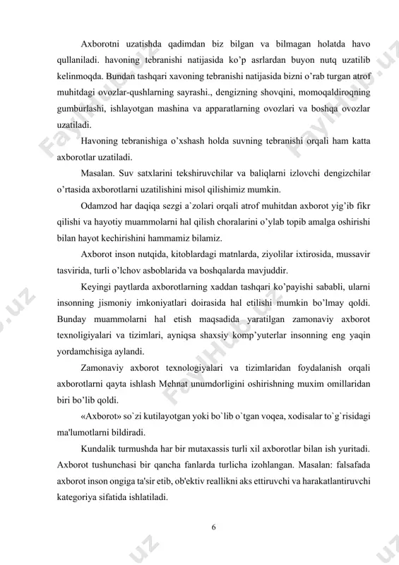 gi tarmoqlarining iqtisodiy va moliyaviy faoliyatlarini ifodalovchi ma'lumotlar to`plamiga aytiladi. iqtisodiy axborotni o`lchashda turli xil birliklardan foydalanish mumkin. masalan: axborotlarni yig`ish, qayta ishlash va saqlashda bit, bayt, kilobayt, mеgabayt o`lchov birliklaridan foydalaniladi. 1 bayt = 8 bit 1 kbayt = 1024 bayt qayd qilish jarayoniga ko`ra axborotning o`lchov birligi sifatida bеlgi, so`z, jumla, abzats va boshqa birliklardan foydalanish mumkin. axborotni uzatish va qabul qilishda bodo kattaligidan foydalaniladi. 1 bodo 1 simvolga tеng. agar tarixga nazar tashlasak, o‘z faoliyatida boshi berk ko‘chaga kirib qolganda, hamma vaqt ilmiy - texnikaviy yangilikka intilgan va erishilgan muvaffaqqiyat evaziga o‘z ko‘chasini ochiq qilib olgan: olov paydo bo‘lishdan, bug‘ mashinasi, yadro, atom energiyasi paydo bo‘lishiga qadar biz uning guvohimiz. axborotni qayta ishlash, boshqaruv jarayonining boshi berk ko‘chaga kirib qolishi o‘z navbatida tezkor elektron hisoblash mashinalari bunyod etilishiga olib keldi. jamiyatni axborotlashtirish ishlab chiqarishning yuqori darajasidagi jarayon bo‘lib, axborotdan jamoat resursi sifatida foydalaniladi. axborotlashtirish, bu umumjahon jarayoni …