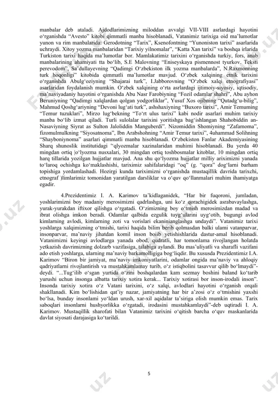 qqiyotda bo‘ladi, deb ta’lim beradi. har bir voqea-hodisani, boshqa voqealar, hodisalar bilan bog‘lab o‘rganishdangina mazkur voqea-hodisaning umumiy tarixiy jarayondagi o‘rnini to‘g‘ri aniqlash, belgilash mumkin bo‘ladi. har bir voqea-hodisaga umumiy tarixiy jarayonning bir qismi deb qaramoq kerak.chunki mavjud bo‘lgan har bir xalq, millat yoki elat tarixi faqat o‘ziga xos xususiyatlari bilan ajralib tursada, butun insoniyat taraqqiyoti tarixi bilan umumiy aloqadorlikdadir. tarixiy ma’lumotlarga ko‘ra haqiqatdan ham o‘zbek xalqining siyosiy, ijtimoiy, iqtisodiy va madaniy rivojlanishi jahon tarixi taraqqiyotining bir o‘zagiqismidir. eng qadimgi davrlardan boshlab yaqin o‘tmishga qadar okrta osiyo, sharqiy turkiston, yettisuv, eron, afg‘oniston, shimoliy hindiston kabi hududlar orasida yagona iqtisodiy, madaniy makon mavjud edi. uchinchi asosiy tamoyil tarixiylik bo‘lib, har bir voqea-hodisa qanday tarixiy muhitda, nima uchun aynan shu paytda, shu ko‘rinishda sodir bo‘lganligini, bu voqea-hodisa o‘z taraqqiyotida qanday asosiy bosqichiarni bosib o‘tganligini, keyinchalik u qanday holatga tushganligini bilish tarixiylik tamoyilining asosiy talabidir. masalan, biron davlat faoliyatiga tarixiylik nuqtai-nazaridan turib baho bermoqchi …