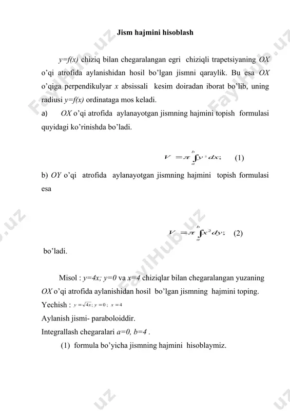0 y= berilgan x-2y+6=0 to’g’ri chiziq ox o’qni (-6; 0) nuqtada kesib o’tadi. demak, chegarasi cheksiz xosmas integrallar berilgan kesmada uzluksiz funksiyalarning integrali mavjud degan edik. endi bu shartlarni qanoatlantirmaydigan integrallar ham bo’lar ekan. bunday integrallarni xosmas integrallar deymiz. biz quyida chegarasi cheksiz bo’lgan xosmas integrallarni ko’rib chiqamiz. ta`rif: yarim [a,+() intervalda uzluksiz bo’lgan funksiyaning xosmas integrali quyidagicha belgilanadi. va ushbu tenglik bilan aniqlanadi: (1) agar (1) formuladagi limit mavjud bo’lsa, u holda xosmas integral yaqinlashuvchi deyiladi. agarda limit mavjud bo’lmasa, u holda xosmas integral uzoqlashuvchi deb ataladi. agar f(x) funksiya butun sonlar o’qida uzluksiz bo’lsa, u holda umumlashgan xosmas integral quyidagi formula bilan aniqlanadi. (2) bu yerda s - ixtiyoriy tayinlangan son. agar (2) formulada o’ng tomonda turgan ikkala integral yaqinlashuvchi bo’lsa, u holda chap tomondagi xosmas integral ham yaqinlashuvchi bo’ladi. 1-misol: demak, integral uzoqlashuvchi ekan. _1011503673.unknown _1185111349.unknown _1185111807.unknown _1185112625.unknown _1185111646.unknown _1011503676.unknown _1011503678.unknown _1011503679.unknown _1011503674.unknown _1011503668.unknown _1011503669.unknown _1011503666.unknown