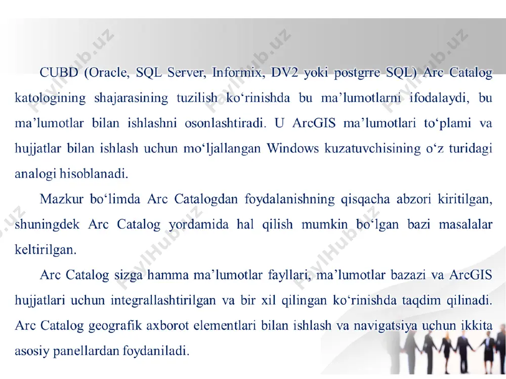 sh tugmasi bosiladi. shu tariqa xar – bir qatlamlarni yaratish jarayoni kuzatiladi. 3. arcmap ilovasida elektron taxeometrdan olingan qiymatlarni yuklab olish arcmap ilovasi yuklangach, dobavit danniy tugmachasi yordamida elektron taxeometrdan yuklab olingan koordinatalar kotalogi yuklab olinadi. natijada mazkur fayl tablitsa soderjrniya qatoriga tushadi. koordinatalar fayliga sichqonchaning o`ng tugmasini bosib dobavit x,y danniy qatoriga kiriladi. ko`rsatilishi lozim bo`lgan qatorlarga belgilangan ma`lumotlar keltiriladi va ok tugmachasini bosish orqaliy jadval ko`rinishiga ega bo`lgan ma`lumotlarni qiymati (koordinatalari)ga asoslanib geografik ko`rinishi namayon bo`ladi. etiboringiz uchun raxmat.!!!