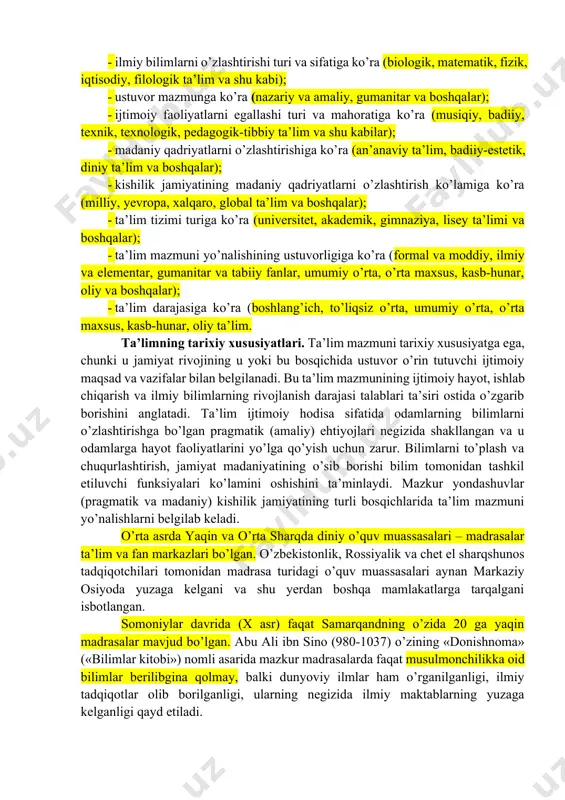 ’zini boshqarishda ishtirok etish, shuningdek, o’z harakatlari uchun javobgarligini yuzaga keltirish. ana shu umumiy vazifalar bir qator alohida masalalardan iborat bo’ladi. ular o’quv fanlari mazmunida uyg’unlashtiriladi. ta’lim turlari va ko’rinishlari. yevropa va sharq, osiyo va amerika mamlakatlarida ta’lim turlari tarixiy taraqqiyot natijasida yuzaga kelgan. birinchi turi mifologik ta’lim bo’lib, unda dunyoning mohiyati ertak, afsona, doston, qissa hamda qo’shiqlar shaklida o’rganilgan. keyingi tarixiy turi sxolastik ta’lim bo’lgan. uning mohiyatiga ko’ra ta’limda matn madaniyati va yer, osmon haqidagi bilimlar so’z bilan ifodalanib, xotira va irodani mashq qildirish asosida yosh avlodga inson mavjudligi va u tomonidan tashkil etiladigan faoliyat mazmuni haqida bilimlar berilgan, savodxonlik va nutq madaniyatiga o’rgatilgan. ta’limning uchinchi tarixiy turi - ma’rifatparvarlik bo’lib, u dunyoviy bilimlar yaratilgan davrda yuzaga kelgan. xx asrdan boshlab esa turli ta’lim paradigma (model)lari, turlari va ko’rinishlarining rivojlanish jarayoni kuzatildi. bugungi kunda asoslariga ko’ra ta’limning quyidagi turlari, ko’rinishlari mavjud: 1. ilmiy bilimlarni o’zlashtirishi turi va sifatiga ko’ra …