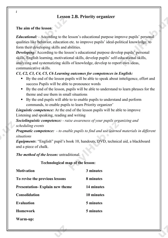 tice speaking the procedure of the lesson: i motivation: greeting, checking attendance, season, weather, checking the preparation for the lesson. ii. to revise the previous lesson. to repeat the new words, exercises that have been done. iii. presentation- explain new theme. b. priority organizer procedure of the lesson: i. organizing moment: motivation, greeting, checking attendance, season, weather, checking the preparation for the lesson. ii. asking homework: - check for homework given on past lesson. ask pupils all new words learnt on previous lesson. iii. presentation - explain new theme b. priority organizer main part of the lesson: activity 1 your pupils check their knowledge on grammar. check your grammar: modal verbs 1. complete the sentences with modal verbs. answer key: should/must must/have to mustn’t/don’t have to 1. must 2. must 3. should 4. must 5. should 6. must 7. have to 8. must 9. must 10. have to 11. mustn’t …