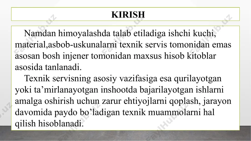 namdan himoyalash ishlarida texnik ta’minot xizmati tomonidan yetkaziladigan uskunalar namdan himoyalash ishlarida texnik ta’minot xizmati vazifalari texnik ta’minot tomonidan ta’minlanadiga uskunalar turli xil birjalardan harid qilinib, ular gost standartlariga to’g’ri kelishi, uzoq muddat xizmat qilishi va tannarxi nisbatan arzonroq bo’lishini ta’minlashi kerak. namdan himoyalash ishlarida texnik ta’minot xizmati tomonidan yetkaziladigan uskunalar namdan himoyalash ishlari doirasiga kiruvchi ishlar xulosa namdan himoyalash ishlarini bajarish jarayonida ta’minot bilan shug’ullanuvchi hodimlarning ham ishning samaradorligini ta’minlashdagi ahamiyati katta. texnik ta’minot xizmati bajarayotgan paytdagi vujudga keladigan muammolarni hal qilish ham texnik hodimlarning vazifasi hisoblanadi. gidroizolyatsiya ishlarini bajarish chog’ida biror hodimga tibbiy yordam kerak bo’ladigan bo’lsa yoki biror turdagi qurilish hom ashyosida nuqson bo’lsa yoki tugab qoladigan bo’lsa texnik ta’minot hodimlari ushbu muammolarni hal qilish bilan shug’ullanadi. foydalanilgan adabiyotlar husanxo’jayev o’, davronov g’ “gidrotexnika ishlarini bajarish” toshkent 2014 y s. sayfiddinov “zamin va poydevorlar” toshkent 2010y www.ziyonet.uz image2.emf image3.jpg image4.jpg media1.mp4 image5.png image6.png image7.png image8.png image1.jpg