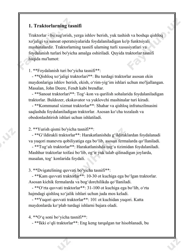 dvigatellari (yyd)**: benzin yoki dizel yoqilg‘isida ishlaydi. ko‘pchilik avtotransport vositalari ushbu dvigatel turlaridan foydalanadi. - **elektr avtomobillari**: to‘liq elektr energiyasida ishlaydi va atrof-muhitga zararli chiqindilar chiqarmaydi. - **gibrid avtomobillar**: elektr dvigateli va ichki yonuv dvigateli birikmasidan foydalanadi, yoqilg‘i samaradorligini oshirish va chiqindilarni kamaytirishga qaratilgan. - **vodorod yonuvchi dvigatellar**: vodorod-havo yonishini qo‘llaydi va ekologik toza hisoblanadi. 3. **o‘lchamlari va hajmiga ko‘ra tasniflash:** - **mikro avtomobillar**: juda kichik o‘lchamdagi avtomobillar, odatda ikki kishilik. - **kichik sinf avtomobillari**: nisbatan kichik o‘lchamdagi va arzon narxlardagi avtomobillar, masalan, xetchbeklar. - **o‘rta sinf avtomobillari**: o‘rtacha o‘lchamdagi va narxlardagi avtomobillar, masalan, sedan. - **yirik avtomobillar**: katta o‘lchamli, ko‘proq joy va qulayliklar taqdim etuvchi avtomobillar. bu turga suvlar kiradi. 4. **tovar modellari bo‘yicha tasniflash:** - har bir ishlab chiqaruvchi kompaniya o‘z modellari bo‘yicha avtomobillarni kategoriyalarga ajratadi. misol uchun, toyota kompaniyasining camry sedani, ford kompaniyasining f-150 yuk mashinasi. 5. **chiqindilar darajasi va ekologik standartlar bo‘yicha tasniflash:** - **euro standarti**: …