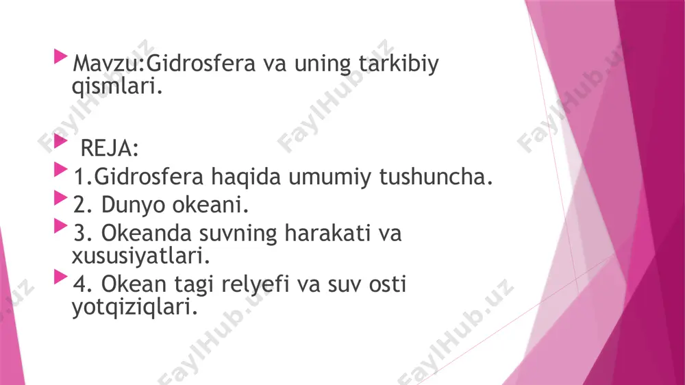 qurlikdagi suvlar yuqoriga ko’tariladi, yuqoridagi suvlar esa pastga tushadi. okean suvlarining ko’ndalang (gorizontal) harakati natijasida juda katta masofalarga issiqlik va moddalar olib boriladi. suvosti yotqiziqlar nima? suvosti yotqiziqlar- okean yoki dengiz tubiga asta-sekin cho’kadigan, turli manbalardan kelib chiqadigan cho’kindi moddalar. ular okean tubini qoplaydi va geologic jarayonlar, iqlim o’zgarishlari va biologik faoliyat haqida ma’lumot beradi. e’tiboringiz uchun rahmat. image1.jpeg image2.png /docprops/thumbnail.jpeg