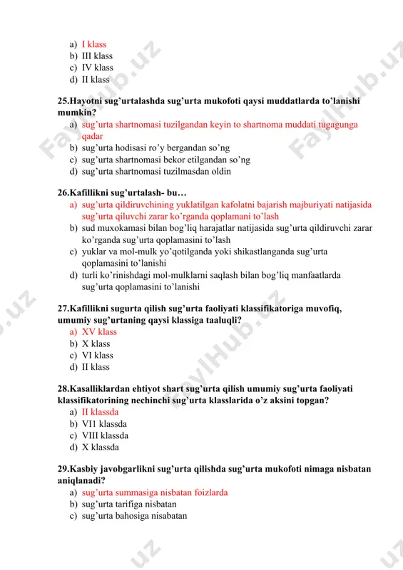 ish sug’urta faoliyati klassifikatoriga muvofiq, umumiy sug’urtaning qaysi klassiga taaluqli? a) xiv klass b) v klass c) ii klass d) viii klass 32.majburiy sug’urta qilish ob’ekti bo’lib… a) transport vositalari egalarining jabrlanuvchilarning hayoti, sog’ligi va mol-mulki b) transport vositasi c) transport vositasi dvigаteli d) transport xaydovchisi 33.maktab o’quvchilarini baxtsiz hodisalardan sug’urtalashning eng kam va uzoq muddati qancha? a) 1 yilgacha b) 1-3 yilgacha c) 5 yilgacha d) 1-5 yilgacha 34.milliy sug’urta bozori bu… a) bir mamlakat hududidagi sug’urta muassasalari va ularning faoliyati b) bir necha mamlakatlarning sug’urta faoliyati c) xalqaro sug’urta faoliyati d) mintaqaviy sug’urta bozori 35.mintaqaviy sug’urta bozori bu… a) savdo iqtisodiy va boshqa jihatlardan o’zaro yaqin munosabatda bo’lgan bir nechta mamlakatlarning ichki bozori b) biron-bir mamlakat hududidagi sug’urta muassasalarini va ularni faoliyatining ichki bozori c) bir mamlakat hududidagi sug’urta muassasalarini va ularni faoliyatini d) dunyo miqyosida sug’urta faoliyatini olib boruvchi alohida mamlakatlarning ichki bozori 36.mulk sug’urtasi sug’urta faoliyati …