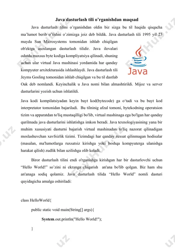 iqarish uchun ishlatiladi. println so’zi print line so’zlari qisqartmasidir. agar biz system.out.println buyrug’ini bersak ekranga chiqarilayotgan ma’lumotni yangi satrdan chiqaradi. · java kompilyatori nuqtaiy nazaridan katta kichik harflar farqlanadi. agar biz main matodini main yoki main qilib elon qilsak bu xatolikdir. izohlar: hamma dasturlash tillarida izohlar bo’lganidek java dasturlash tilida ham kompilyatorlar o’qimaydigan izohlar yozish mumkin. dastur matnini tushunarliligini oshirish uchun izohlar juda foydali. izohlar orqali bir yoki bir nechta operatorni daxlsiz qilib qo’yish mumkin. bundan tashqari dasturlar haqida foydali malumotni izohlardan bilib olish mumkin. izohlar quyudagicha berilishi mumkin: · ikkita qiya chiziq probelsiz ketma-ket yoziladi (//) va satr oxirigacha izohlar davom qiladi. · qiya chiziq va yulduzcha belgisi bilan boshlanadi (/*) va bir necha satrdan iborat izohlar keltirilib izoh oxirida yulduzcha va qiya chiziq bilan yakunlanadi (*/), ushbu belgilar probelsiz yoziladi. · qiya chiziq va ikkita yulduzcha belgisi bilan boshlanadi (/**) va bir necha satrdan iborat izohlar keltirilib izoh …