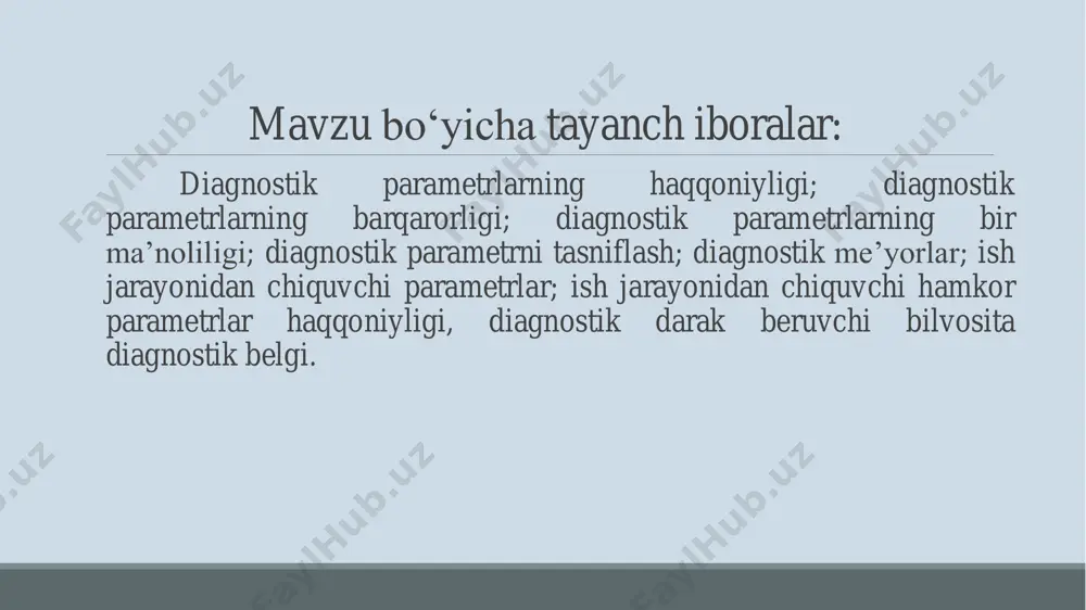i testli ta‘sir yordamida tekshirish imkoniyatini beradi. test orqali tizimning parametrlari va uning elementlari va ularning berilgan qiymatdan og‘ish sabablari tekshiriladi. diagnostikalash testli va funksionalli bo‘ladi funksional diagnostikalash tizimga ish ta‘siri orqali texnik holatini o‘rganish imkoniyatini beradi. ishchi ta‘sir berilgan parametrda tizimning ishlashini nazorat qiladi va uning funksionallanish buzilishini chiqaradi. testli va funksional diagnostika diagnostikalash algoritmida bajariladi. diagnostikalash algoritmi – o‘tkazilishi ketma – ketligini o‘rnatuvchi qoida va nazorat nuqtalaridagi elementar tekshirishlar jamlanmasidir. bundan tashqari shu tekshirishlar natijalarini analiz qilish, bular orqali aniqlash mumkin bo‘lgan soz, ishlayigan va nosoz holatidan to‘g‘ri funksionallashgan holatiga va nosoz holatidan defekt ajratishni imkonini beradi. diagnostikalash effektivligi diagnostikalash effektivligi - diagnostikalash algoritmi sifati va diagnostikalash qurilmalari sifatiga qarab baholanadi. diagnostikalash qurilmalari birinchi navbatda ikkiga bo‘linadi: dasturili va apparatli. bundan tashqari, tashqi (tizimdan alohida joylashgan konstruksiya) va ichki (tizimning tashkil qiluvchisi); qo‘lda, avtomatizatsiyalashgan va avtomatik; maxsus va universal qismlarga ham bo‘linadi. 3. avtomatlashtirish sistemalarning diagnostika ko‘rsatkichlariga ta’sir …