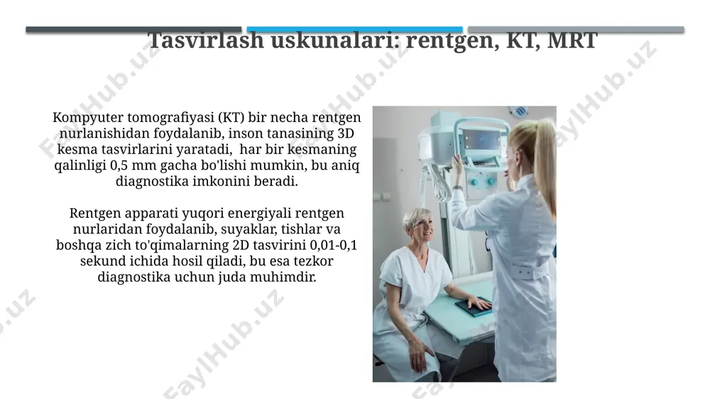 qo'lqoplar, maxsus poyabzal) foydalanish majburiy hisoblanadi, elektr toki urishi xavfini 90% ga kamaytiradi. endoskopik tekshiruvlar va uskunalar эндоскопияда 10-15 см диаметрли юқори аниқликдаги видеокамерали гибкий эндоскоплар ичак, ўпка ва бошқа органларнинг ички юзаларини текшириш учун ишлатилади, бу ташхис аниқлигини оширади. колоноскопия каби эндоскопик текширувларда полип, яра ва ўсмаларни аниқлаш учун рақамли тасвирлар ва юқори даражадаги оптик кўриниш имкониятларидан фойдаланилади, бу ерда аниқлик даражаси 90% дан юқорига етади. buyrak va siydik chiqarish tizimini tekshirish uskunalari diuretiklarni qo'llash natijalarini baholash uchun siydik tahlili, jumladan, 24 soatlik siydik yig'indisi tahlili, buyrak funktsiyasini baholashda muhim ahamiyatga ega. gfr (glomerulyar filtratsiya tezligi) ni aniqlash uchun qon tekshiruvi, masalan, kreatinin darajasini o'lchash, buyrak funksiyasining asosiy ko'rsatkichi hisoblanadi, normal ko'rsatkich 90 ml/min dan yuqori. laboratoriya tekshiruvlari va uskunalari лабораторияда қон таҳлили учун автоматик анализаторлар сони 15 тани ташкил этиб, бу йилда 20000 дан ортиқ таҳлил ўтказиш имконини беради. биокимёвий таҳлиллар учун 5 турдаги фермент иммуноанализ (elisa) тест-системалари …