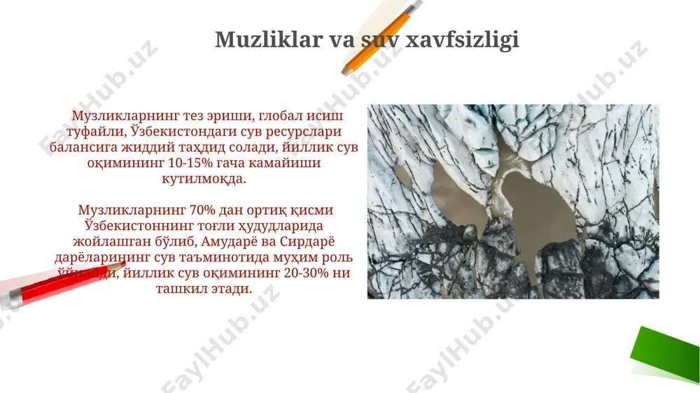 chilikka ta'siri qirg'iziston va tojikiston tog'laridagi muzliklarning tez kamayishi markaziy osiyoda, jumladan o'zbekistonda, 2050 yilga kelib 20% gacha qurg'oqchilikka moyil hududlarning ko'payishiga olib kelishi mumkin. pamir-alay tog'laridagi muzliklarning 30% gacha qisqarishi, ayniqsa, farg'ona vodiysida suv tanqisligini kuchaytiradi va qishloq xo'jaligiga salbiy ta'sir ko'rsatib, qurg'oqchilik xavfini oshiradi. muzliklarning erishi va dengiz sathining ko'tarilishi dunyo bo'ylab 200 mingdan ortiq muzliklarning erishi natijasida, masalan, bangladesh va niderlandiya kabi pasttekislik hududlarida suv toshqini xavfi sezilarli darajada ortadi. grenlandiya va antarktidada joylashgan ulkan muz qatlamlarining erishi natijasida dengiz sathining ko'tarilishi 2100-yilga kelib 1 metrdan ortiqqa yetishi mumkin, bu past joylashgan hududlarni suv bosishiga olib keladi. muzliklarning suv ta'minotidagi roli hindistonning himoloy togʻlaridagi gang daryosi havzasidagi ulkan muzliklar, millionlab odamlarning ichimlik suvi va sugʻorish uchun zarur boʻlgan suvning 30% dan koʻprogʻini ta'minlaydi, bu ularning suv ta'minotida muhim rolini koʻrsatadi. qor va muzning erishi natijasida hosil boʻlgan suv, togʻli hududlardagi 5000 metrdan baland boʻlgan muzliklardan oqib, bahor …