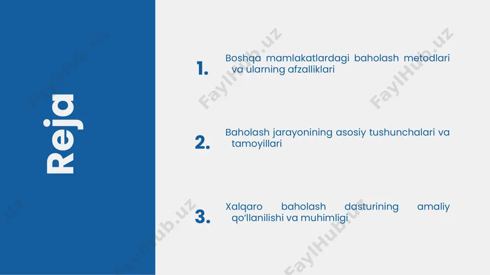 ko'nikmalarini aniqlashga, ta'lim jarayonini moslashtirishga va muallimlar uchun baholash natijalariga asoslangan o'qitish strategiyalarini ishlab chiqishga yordam beradi. ta'lim sifatini oshirishdagi roli o'zbekiston va xalqaro tajribalar o'zbekiston baholash metodlari amaliyoti milliy sharoitlarga moslashtirilgan, statistik va sifatli usullardan foydalanadi. mahalliy ehtiyojlarga moslashtirilgan metodlar davlat statistikasi va ta'lim muassasalarida qo'llaniladi. xalqaro tajribalar esa, oecd, unesco kabi tashkilotlar tomonidan ishlab chiqilgan baholash metodlarini o'z ichiga oladi. bu metodlar global standartlarga asoslangan bo'lib, pisa, timss kabi xalqaro baholash tizimlarida qo'llaniladi. o'zbekiston uchun muhim bo'lgan jihat, xalqaro tajribalarni mahalliy sharoitlarga moslashtirishdir. bu orqali ta'lim sifatini oshirish mumkin. 1 2 3 baholash metodlarining qo'llanilishi baholash metodlari amaliy qo'llanilishi muhim. testlar, suhbatlar va loyiha ishlari orqali o'quv natijalari baholanadi va rivojlantiriladi. baholash ta'lim tizimida faqat talabalarning bahosi uchun emas, balki ta'lim sifatini oshirish va muvofiqlashtirish uchun ham ishlatiladi. bu jarayon ta'lim faoliyatini tahlil qilish va yaxshilashga yordam beradi. o'qituvchilar va talabalarning baholash metodlariga bo'lgan munosabati muhim. natijalar ta'limni …