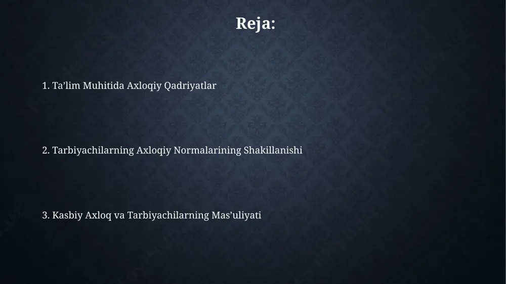 ildirgan. axloqiy me'yorlarni o'rgatish uslublari o'zbekistonning 5 ta yirik shaharlaridagi 200 dan ortiq maktab o'qituvchilariga o'tkazilgan so'rovnoma natijalariga ko'ra, axloqiy me'yorlarni samarali o'rgatishda muloqotga asoslangan yondashuvlar 70% ga yaqin foiz samarali bo'lgan. aqshning massachusets shtatidagi harvord universiteti tadqiqotchilari tomonidan o'tkazilgan eksperimentlar shuni ko'rsatdiki, 10-15 yoshdagi o'quvchilarga 4 bosqichli axloqiy rivojlanish dasturi qo'llanilganda, empatiya va prososial xulq-atvor ko'rsatkichlari 25% ga oshgan. e'tiboringiz uchun rahmat @taqdimot_robot image2.jpg image3.jpg image4.jpg image5.jpg image6.jpg