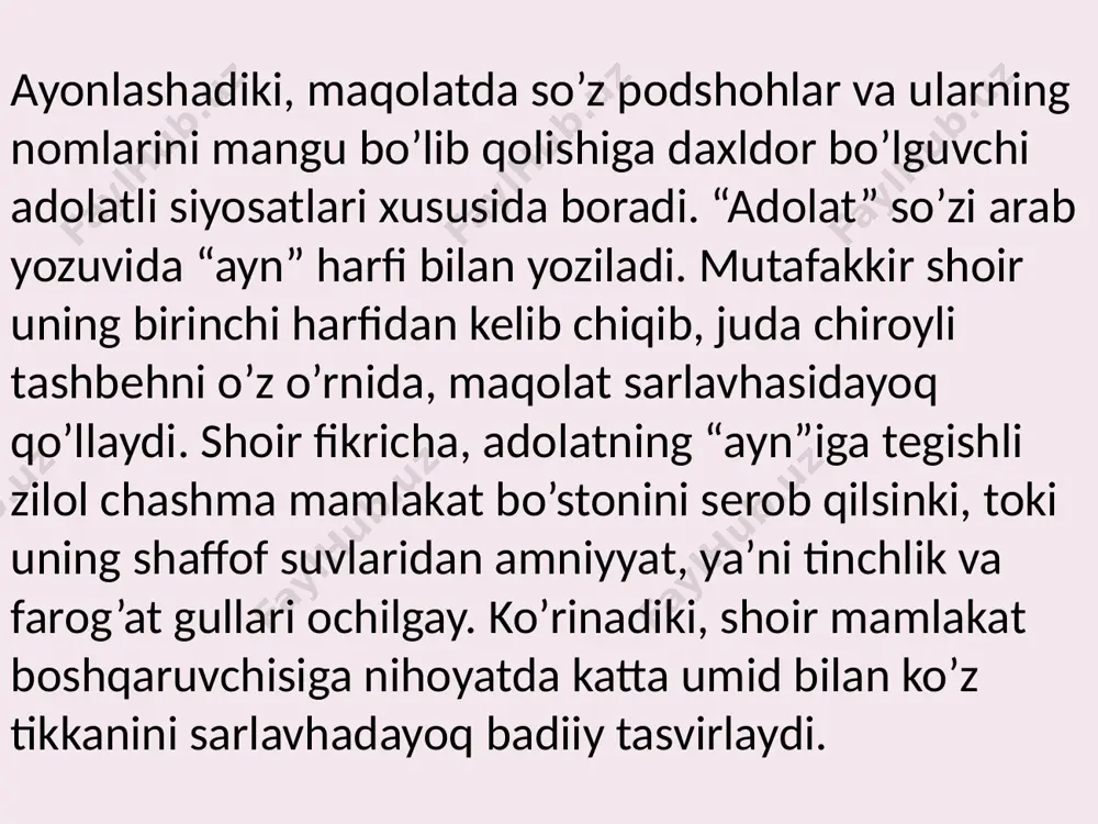 di. ijodkorning bunday yo’l tutishidan ham anglash mumkinki, u mamlakat taraqqiyoti, xalqning farovonligi uchun hukmdor muhim ekanligini ta’kidlagan bo’ladi. to’g’ri, “hayrat ul-abror” yozilganda, badiuzzamon mirzo xuroson mamlakatiga hukmronlik qilgan emas edi, biroq keyinchalik uning balx viloyatini boshqarganini bilamiz. bundan tashqari, shahzoda podshohning to’ng’ich o’g’li sifatida o’sha davr sharoitiga ko’ra, taxt vorisi sanalgan. ayni choqda shoir bu bag’ishlovi bilan badiuzzamon mirzo husayn boyqarodan so’ng xurosonda otasining ishlarini munosib davom ettirishiga umid bog’lagan. bunga maqolatning sarlavhasidan ham ishonch hosil qilish mumkin. shoir sarlavhada quyidagilarni bayon qiladi: “…agarchi bu latif so’zlar majmuasi shunday bir to’plamki, nozik ma’nodan iborat tuhfalar bilan to’la va nozik ma’noli so’zlar to’plami shunday bir kemaki, foydali injular unda xilma-xildir; lekin tab’ daryosidan sohilga eng oldin kelgani narsalarning eng qimmatlilari bo’ladi, shunga ko’ra bu to’plamning saltanat bog’chasining oldingi guli va xalaflik chamanining qad ko’targan nozli sarvi bo’lmish sulton badiuzzamon bahodir… oyog’iga nisor qilindi hamda unga nikohlab berildiki, - toki bu …