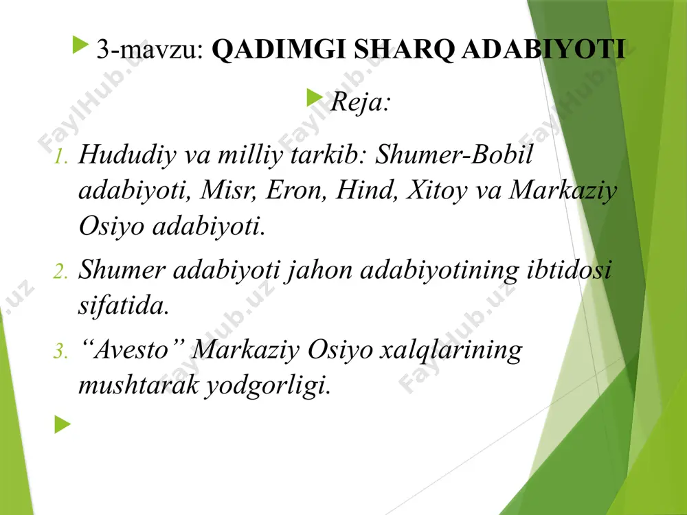 ik, chorvachilik, ustachilikni kashf qilishgan. qum va tuproqdan g‘ishtlar yasab, imorat solishni eplashgan. yana savdo-sotiqni, ayirboshlashni, o‘rmonchilikni puxta egallashgan, urush va tinchlik, sulh va uning shartlarini, er va xotin haqlarini yaxshi tushunib, kerak bo‘lganda ularning huquqlarini hozirgi notarial idoralarda amalga oshirilganidek, qonun bilan himoyalab qo‘yishgan, deyiladi manbalarda shumerlar adabiyoti. taxminan 5–6 ming yil muqaddam shumerliklar dunyo miqyosidagi toshqin to‘g‘risida yozishgan. mixxatlar bular haqida, yana ilk kemani kim qurganligi haqida, toshqin haqida batafsil ma’lumot beradi. shumerlar eposlar, dostonlar, qo‘shiqlar bitishgan. ulardan namunalar saqlanib qolgan. masalan, “bilgamish” dostoni. bu asarlarda olam va odamni tangri yaratganligi haqida kuylanadi. qizig‘i shundaki, “injil”dagi hikoyalar “bilgamish”dagi hikoyalar bilan judayam o‘xshash. olimlarning fikricha, “injil”dagi ayrim hikoyalar shumer hikoyalari ta’sirida bitilgan yana aytish joizki, asarga qiyosiy tipologik mezonlar bilan yondashilganda, dunyo xalqlarining ko‘pgina eposlarining ildizlarini ham aynan “bilgamish” dostonidan topish mumkin bo‘ladi. chunonchi, homerning “iliada”, “odissey”, hindlarning “maxobxorat”, “ramayana”, o‘zbek xalqining “alpomish” va boshqa shuning kabi ko‘plab dostonlar …