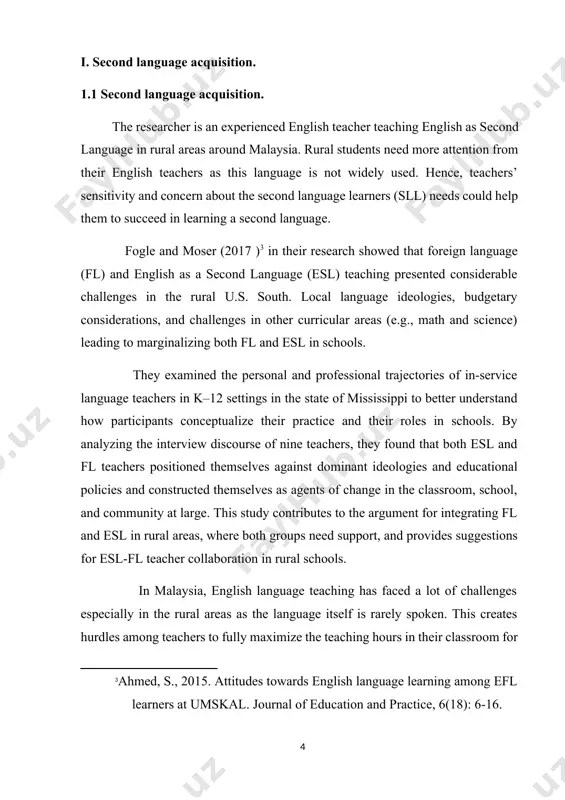 ribute toward the lack of abilities in mastering the english language as the second language in malaysia. university putra malaysia through its malay department of modern language faculty offers malay subject as one of the compulsory requirements for graduates. the researchers found out that students tend to memorize the language rather than practice it because they are more concerned about the graduating requirements only. to make malay learning more interesting, teachers or lecturers must arouse their interests by motivating, inculcating positive attitude and understanding their different emotions and needs from different background and countries. husna and roadian (2016 )[footnoteref:4] examined the personality factors as extra-linguistic factors influencing the second language learning among foreign students. the sample was about 150 foreign students from 5 public universities in malaysia. the findings of the study show that the foreign students are motivated to succeed from their strong internal strengths. it shows that they …