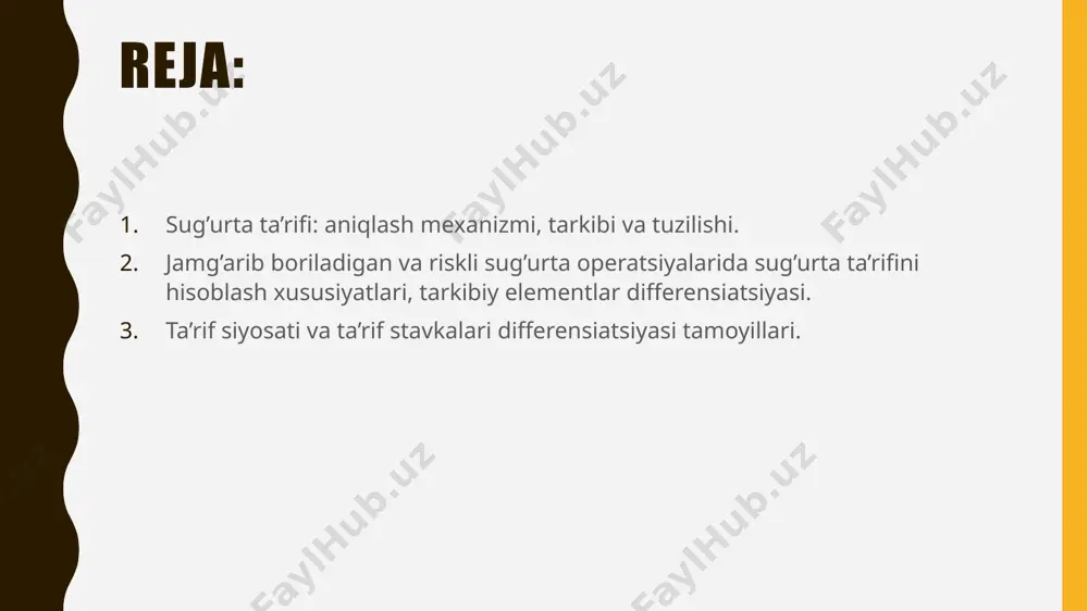 'urtaning muayyan turlari bo'yicha federal qonun hujjatlariga muvofiq belgilanadi. o'tmishda ko'plab sug'urta holatlarini kuzatishga asoslangan sug'urta statistikasi kelajakda xavf mavjudligining statistik (apriori) ehtimolini bashorat qilish uchun ma'lumot beradi. olingan qator axborot tahlili sug'urta holatlarining yuzaga kelish xususiyatlarini aniqlash va kelajakda mumkin bo'lgan zarar miqdorini baholash uchun imkon beradi. kuzatuv ob'ektlari soni qanchalik ko'p bo'lsa, smeta shunchalik ishonchli bo'ladi, chunki katta sonlar qonuni faqat katta sug'urta majmui uchun amalga oshiriladi. aktuar hisob-kitoblar zarur sug'urta ko'rsatkichlari baholashga, shu jumladan, sug'urta holatlarining yuzaga kelish ehtimolini, ehtimoliy yo'qotishlar miqdorini, tarif stavkalari miqdorini, sug'urta fondining kerakli hajmi va boshqa ko'rsatkichlarini hisoblashga imkon beradi. iqtisodiy asoslangan sug'urta stavkalarining sug'urta amaliyotida qo'llanilishi. iqtisodiy asoslangan sug'urta tariflari ichki mazmuni. iqtisodiy asoslangan sug'urta tariflari sug'urta operatsiyalari moliyaviy barqarorligini ta'minlash kelayotgan mukofotlar, sug'urta to'lovlari va xarajatlar balansi sug'urtalovchining sug'urtalovchilar oldidagi majburiyatlarini bajarish qobiliyati bozor omillari talab va taklif ta'siri ostida sug'urta xizmatlari narxi tebranishlarga uchraydi, raqobatchilar paydo bo'lishi yoki talab …