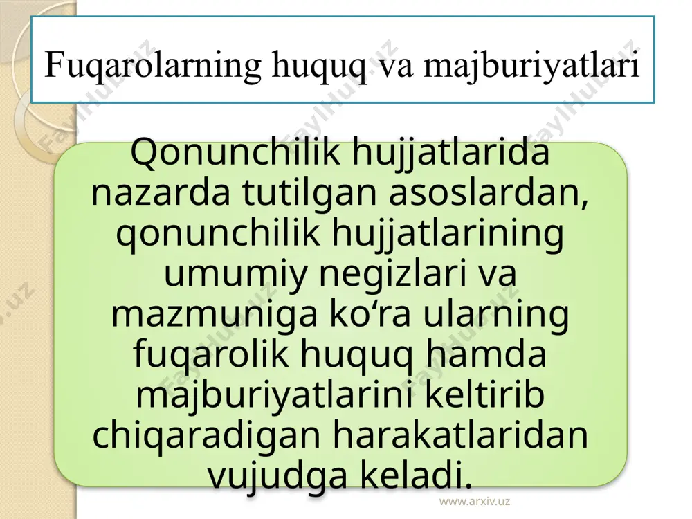 uriy huquqbuzarliklarning subyekti 16 yoshga to‘lgan aqli raso shaxslar bo‘lishi mumkin. bu huquqbuzarliklar asosandavlat boshqaruvi jarayonida sodir etiladi. www.arxiv.uz fuqarolar 18 yoshga to‘lganda to‘la ma’muriy muomala layoqatiga ega bo‘ladilar, ya’ni o‘zbekiston respublikasi konstitutsiyasi va qonunlarida ko‘rsatib o‘tilgan huquq va majburiyatlarni amalga oshirishlari mumkin. masalan, vatanni himoya qilish burchi yoki saylash huquqi 18 yoshdan vujudga keladi. ba’zi hollarda fuqarolarning ma’muriy muomala layoqati, ya’ni o‘zlarining harakatlari bilan davlat boshqaruvi sohasidagi huquq va majburiyatlarga ega bo‘lishlari www.arxiv.uz 1 masalan: 21 yoshdan (xalq deputatlari viloyat, tuman, shahar kengashlariga saylanish huquqi); 2 25 yoshdan (o‘zbekiston respublikasi oliy majlisi 3 35 yoshdan (o‘zbekistonrespublikasi prezidentligiga saylanish huquqi) vujudga kelishi mumkin. qonunchilik palatasiga saylanish huquqi); www.arxiv.uz fuqarolarning ma’muriy muomala layoqati sud organlari tomonidan cheklanishi mumkin. masalan, fuqaro jinoyat sodir etib ozodlikdan mahrum etish jazosini o‘tayotgan bo‘lsa, bunday shaxslar ularga tegishli bo‘lgan ayrim huquq va majburiyatlarni (misol uchun saylash va saylanish huquqi, umumiy harbiy majburiyat) amalga oshira olmaydilar. o‘zbekiston …