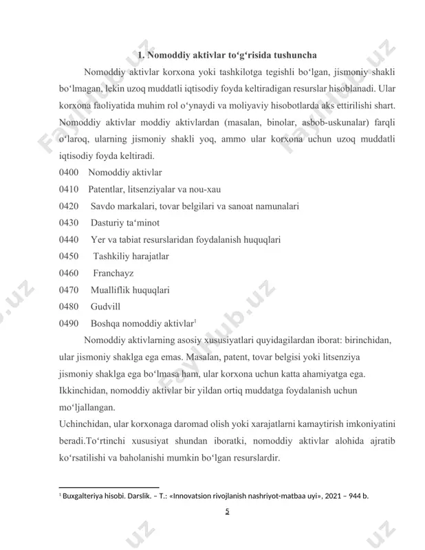 gi mahsulotlar ishlab chiqish bilan bogʻliq xarajatlardir. agar bu loyihalar muvaffaqiyatli boʻlsa, ular nomoddiy aktiv sifatida hisobga olinadi. masalan, yangi dori-darmon ishlab chiqish loyihasi yoki yangi texnologiyani rivojlantirish. biroq, agar loyiha muvaffaqiyatsiz yakunlansa, xarajatlar darhol xarajatlar hisobiga yoziladi.[footnoteref:2] [2: "buxgalteriya hisobi" – mualliflar: a.a. karimov, f.r. islomov, a.z. avlokulov. ushbu darslik 2004-yilda "sharq" nashriyotida chop etilgan bo‘lib, iqtisodiyotdagi o‘zgarishlarni hisobga olgan holda davlat ta'lim standartlariga muvofiq yaratilgan.] boshqa nomoddiy aktivlar: boshqa nomoddiy aktivlarga tijorat sirlari, marketing tizimlari, xodimlarning malakasi va boshqalar kiradi. masalan, korxona ichida ishlatiladigan maxsus texnologiya yoki marketing strategiyasi. ushbu aktivlar korxonaga raqobatbardoshlikni taʼminlashda muhim rol oʻynaydi. nomoddiy aktivlarning turlari va ularning xususiyatlarini tushunish orqali korxonalar oʻz resurslarini samaraliroq boshqarish imkoniyatiga ega boʻlishadi. har bir tur oʻziga xos xususiyatlarga ega boʻlib, ularni toʻgʻri baholash va hisobga olish korxona moliyaviy holatini yaxshilashga yordam beradi. 2. nomoddiy aktivlarni baholash nomoddiy aktivlarni baholash ularning qiymatini aniqlash va moliyaviy hisobotlarda toʻgʻri holda …