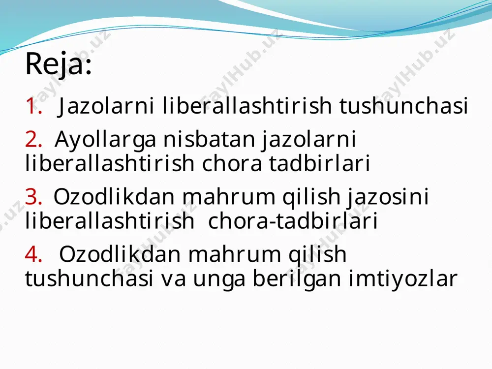 kelib chiqqunga qadar jinoyatning oldi olingan bo'lsa, tatbiq etiladi. sudlarning e'tibori qaratilsinki, jazolarni liberallashtirish to’g`risidagi qonun normalarining to’g`ri qo’llanilishini ta'minlash inson huquqlari va erkinliklariga rioya etilishi bilan bevosita bog`liq. shuning uchun hamapellyatsiya, kassatsiya va nazorat instantsiyalari sudlari har bir ish bo'yicha jazolarni liberallashtirish to’g`risidagi qonunni qo’llashda yo'l qo'yilgan xatolarni o'z vaqtida aniqlashlari va tuzatishlari, shuningdek xususiy ajrimlar chiqarish orqali ularga munosabat bildirishlari kerak. 46-modda. xotin-qizlar va erkaklar teng huquqlidirlar. jazoni ijro etish tizimining liberallashtirilishi munosabati bilan ozodlikdan mahrum etishga hukm qilinayotgan ayollarga nisbatan: a) ijtimoiy xavfli katta bo`lmagan jinoyat, ehtiyotsizlik oqibatida jinoyat sodir etganlarga hamda qasddan uncha og`ir bo`lmagan jinoyat sodir etganlarga nisbatan jazoni manzil-koloniyalarda; b) og`ir va o`ta og`ir jinoyat uchun jazoni umumiy tartibli koloniyalarda; v) ilgari ozodlikdan mahrum qilish tariqasidagi jazoni o`tab chiqib, yangi sodir etgan o`ta og`ir jinoyati uchun hukm qilinayotganlarga, shuningdek o`ta xavfli retsidivist deb topilganlarga nisbatan jazoni qattiq tartibli koloniyalarda o`tash tayinlanadi. ya`ni ayollarga nisbatan …
