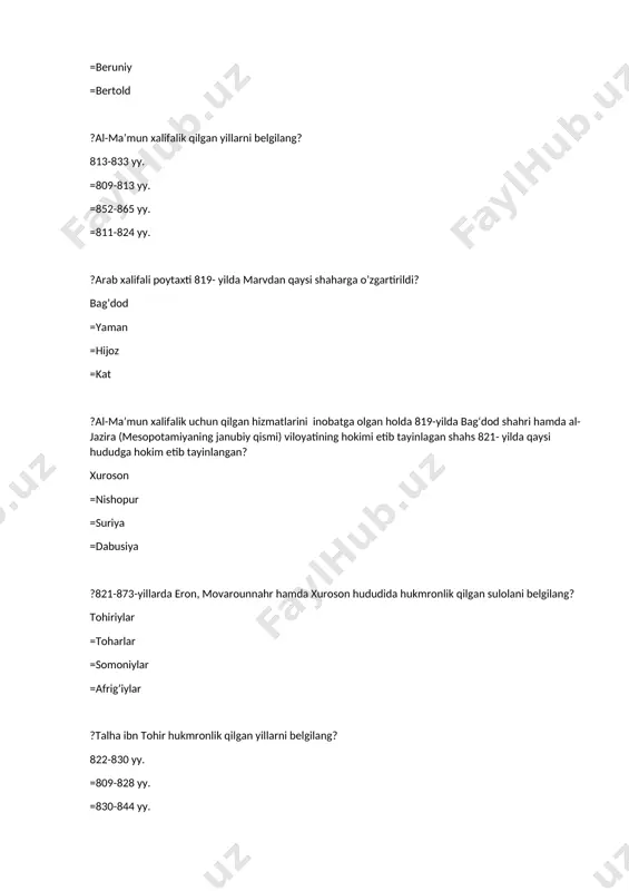 nhudodning nabirasi nuh qayerga hokim qilib saylanadi? samarqand =shosh-usturshona =farg’ona =hirot ?somoniylarning qaysi vakili 839/840-yillarda isfijobga yurish qilib, u yerda mustahkam mudofaa devorini barpo etgan? nuh =ahmad =yahyo =ilyos ?865-yilda ahmad vafot etgach somoniylar taxtiga kim o’tiradi? nasr =yaqub =ismoil =is’hoq ?ismoil ibn ahmad yashagan yillarni belgilang? 849-907 yy. =888-907 yy. =859-903 yy. =892-963 yy. ?qaysi somoniy hukmdor xalifa mu’tamiddan (870- 892) 875-yili butun movarounnahrni boshqarishga yorliq olishga muvaffaq bo‘ldi? nasr ibn ahmad =ismoil ibn ahmad =is’hoq ibn ahmad =yahyo ibn asad ?nechinchi yilda ismoil ibn ahmad nasr ibn ahmad tomonidan yengiladi? 886-yi =888-yil =892-yil =889-yil ?892-yili nasr ibn ahmad vafot etgach butun movarounnahr kimning to’laqonli hukmi ostiga o’tdi? ismoil ibn ahmad =yahyo ibn asad =is’hoq ibn ahmad =nuh ibn asad ?898-yili movarounnahr noibligidan ismoil ibn ahmad ni tushirib, uning o‘rniga safforiy amr ibn laysni hokim еtib tayinlash haqida yorliq jo‘natadi? bog’dod xalifasi al-mutazid =xuroson noibi nasr ibn sayyor =bog’dod …