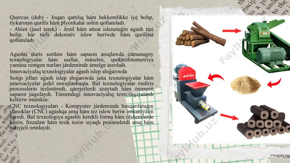 q hám estetikanı birlestirgen jańa materiallar sıpatında qollanıladı. wpc tiykarınan sırtqı mebel, fundament qurılısı hám jol qurılısında qollanıladı. innovaciyalıq texnologiyalardı engiziw aǵash islep shıǵarıwda innovaciyalıq texnologiyalar tek ǵana sapanı arttırıw emes, al óndiris processlerin optimallastırıw hám ekologiyalıq turaqlılıqtı támiyinlewge de járdem bermekte. mine, ayırım jańa texnologiyalar: birlesken rejeler hám programmalıq támiynat (bim - building information modeling) - qurılıs procesinde zamanagóy 3d modellestiriw texnologiyaları keńnen qollanılmaqta. bim járdeminde, arxitektorlar, dizaynerler hám qurılıs kompaniyaları aǵashtan paydalanıwdı rejelestiredi, onıń hár bir basqıshı hám quramlıq bólimleri haqqında anıq maǵlıwmatlarǵa ie boladı. bul texnologiya qurılıstıń barlıq processlerin muwapıqlastırıw hám resurslardan nátiyjeli paydalanıw imkaniyatın jaratadı. agashqa avtoklavta islew beriw - agashti joqarı basım astında suw puwi menen islew beriw, oniń tamırlarınan joqarı dárejedegi zámgershilik hám bakteriyalardı alıp taslaw imkanın beredi. bul texnologiya aǵashtı uzaq múddet dawamında saqlaw hám sırtqı ortalıqtıń zıyanlı tásirinen qorǵaw ushın qollanıladı. nanotexnologiyalar - nanomateriallar járdeminde agashtıń betin qorgaw hám bekkemlew texnologiyaları rawajlanbaqta. …