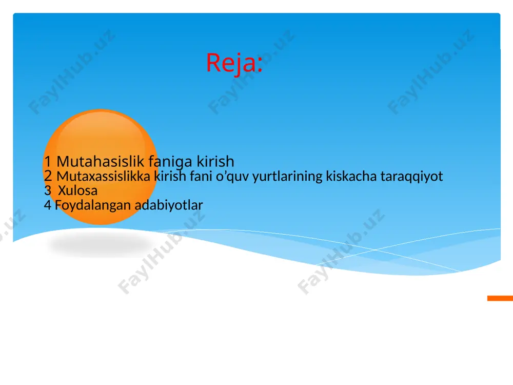 im yo’nalishlari talabalari uchun 18 soatli ma’ruza, 18 amaliy mashg’ulot, 20 soatli mustaqil ta’lim shaklida mustaqil fan sifatida 1–kursda utilishi lozim bo’lgan “mutaxassislikka kirish” fani bo’yicha tayyorlandi. 6 mutaxassislikka kirish fani o’quv yurtlarining kiskacha taraqqiyot tarixi, ularning to’zilishi va vazifalari, o’quv jarayonini ilmiy asosda tashkil etish, o’qitish jarayonining asosiy shakllari, o’quv rejasining mazmuni, ilmiy–tekshirish ishlari, o’qish va ilmiy ishlarni bajarishda texnika vositalaridan foydalanish, talabalar-ning huquq va burchlari, kundalik ish rejimi va mustaqil ishlashni to’g’ri tashkil etish, kitob ustida ishlash, tabiat muxofazasi, bibliografiya texnikasi kabilarni talabalarga tanishtiradi. 7 talabalar kurs materiallarini o’zlashtirish uchun nimalar kilinishi lozimligi, o’zlashtirishni hisobga olish, talabalarni yakuniy nazorat va reyting ishlariga tayyorlash xamda ularni o’tkazishni tashkil etish, talabalar o’quv–tadqiqot va ilmiy – tekshirish ishlarining asosiy mazmuni, ularning turmushi, madaniyati va dam olishini tashkil etish, o’quv – mexnat va turmush nafosati kabi soxalarga xam “mutaxassislikka kirish” fanida aloxida o’rin ajratiladi. 8 olinayotgan bilimlar talabalarning ongiga to’la singib borishi, …