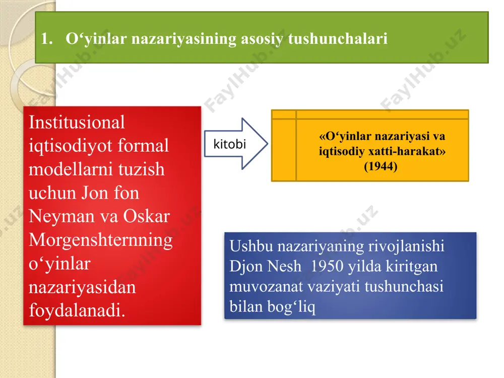 - oʻyinlar nazariyasi oʻzaro hamkorliklardagi muvozanatning mavjudligi, yagonaligi va pareto-optimalligini nazarda tutmaydi. ushbu sabablar oʻyinlar nazariyasi yordamida qurilgan institutlarning formal modellariga boʻlgan qiziqishni orttiradi oʻyinlar nazariyasidagi formal modelni tashkil etish uchun: ishtirokchi individlarning mavjudligi; har bir ishtirokchining imkoniyatlar toʻplami; ishtirokchilarning strategiyalari hisobga olinishi lozim oʻyinlar nazariyasi tarkibiy jihatdan kooperativ (koalitsiyali) nokooperativ (koalitsiyasiz) bu ishtirokchilar oʻrtasida axborot almashish va ittifoq tuzish mumkin boʻlgan vaziyatlar makrodarajaga yakka ishtirokchi tahlil qilishning boshlangʻich nuqtasi hisoblanadi, bunda ishtirokchilar oʻrtasida axborot almashish va ittifoq tuzish mumkin emas mikrodarajaga 2. muvozanatlar turlari va ularni qidirish yoʻllari har bir oʻzaro hamkorlik uchun muvozanatlarning turli xillari mavjud boʻlishi mumkin: 1. ustun strategiyali muvozanat – boshqa ishtirokchining harakatlaridan qat’iy nazar ishtirokchiga eng yuqori foydalilikni ta'minlovchi harakatlar rejasi 2. nesh boʻyicha muvozanat – har bir o’yinchining strategiyasi boshqa o’yinchining harakatiga yaxshi javob bo’ladigan vaziyat. djon forbs nesh john forbs nash, jr. tugilgan kuni: 13 iyun 1928 (1928-06-13) (83 yosh) tugilgan joyi: …