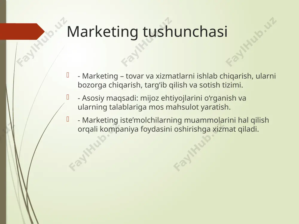 influencer marketing – blogerlar va mashhurlar orqali reklama. marketing strategiyalarini yaratish 1. bozorni tahlil qilish – maqsadli auditoriyani aniqlash. 2. maqsadli auditoriyani aniqlash – kimga mahsulot kerakligini tushunish. 3. marketing miksi (4p modeli): - mahsulot (product) - narx (price) - joylashuv (place) - targ‘ibot (promotion) 4. natijalarni tahlil qilish – marketing samaradorligini o‘lchash va takomillashtirish. xulosa - marketingning tarixi uzoq va bosqichma-bosqich rivojlangan. - bugungi marketing mijozga moslashtirilgan strategiyalarga asoslanadi. - raqamli marketing va texnologiyalar kelajakda marketingning muhim qismini tashkil qiladi. - samarali marketing strategiyalari kompaniyaning bozordagi o‘rnini mustahkamlashga yordam beradi. /docprops/thumbnail.jpeg